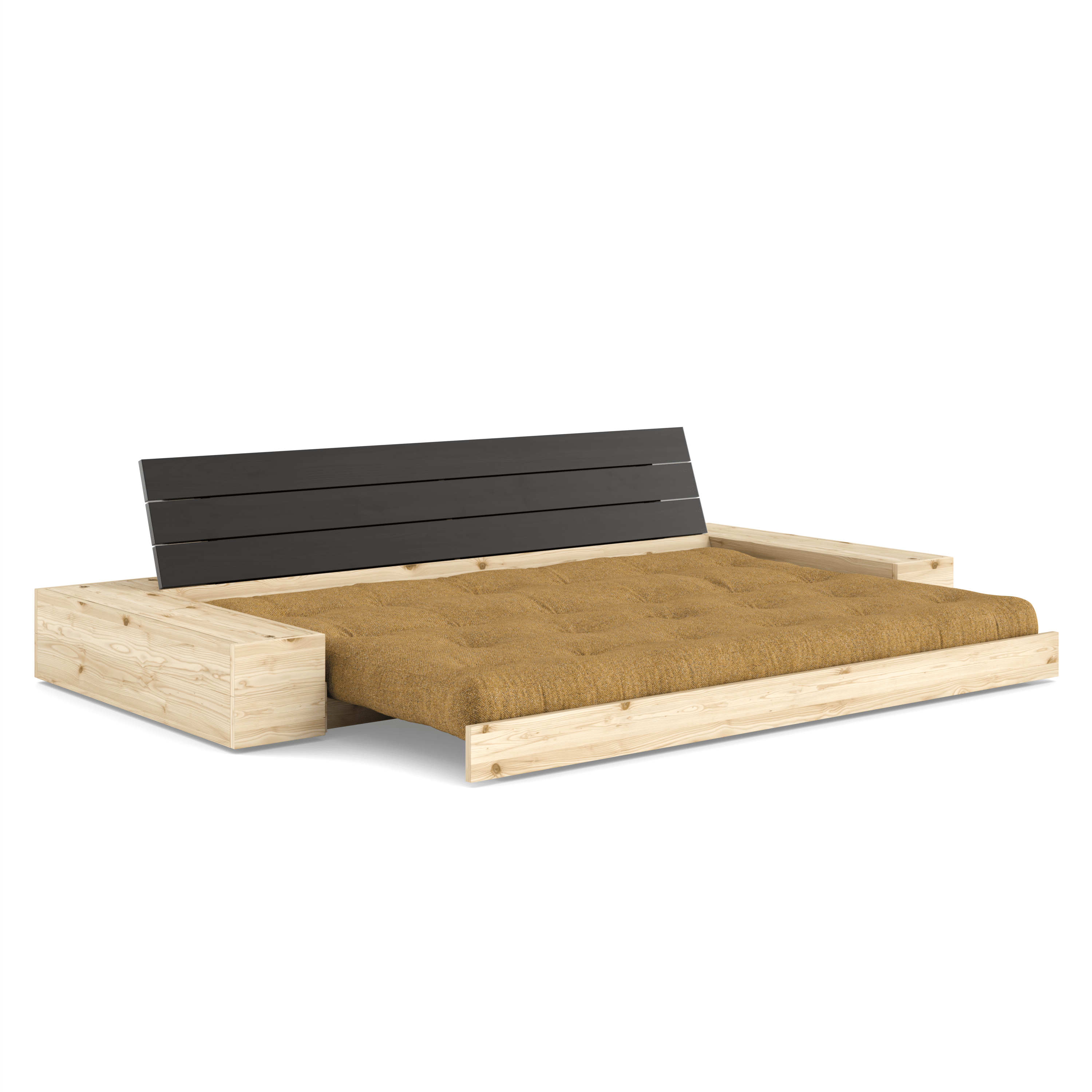 BASE BLACK NIGHT LACQUERED W. 2 SIDEBOXES CLEAR W. 5-LAYER MIXED MATTRESS GOLDEN OCHRE