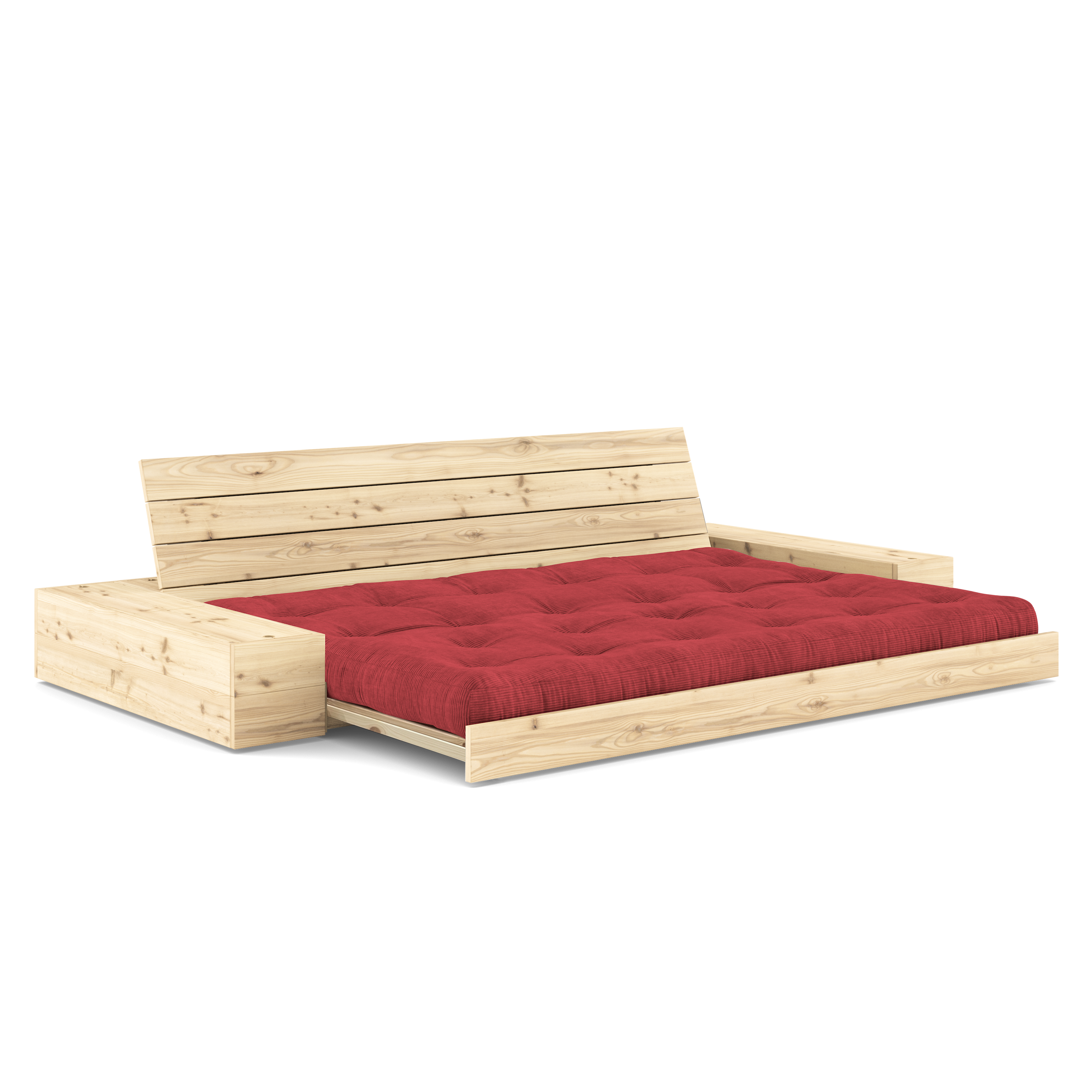 BASE CLAIR VERNISÉE AVEC 2 COFFRES LATÉRAUX CLAIR AVEC MATELAS MIXTE 5 COUCHES MATTE RUBIS ROUGE