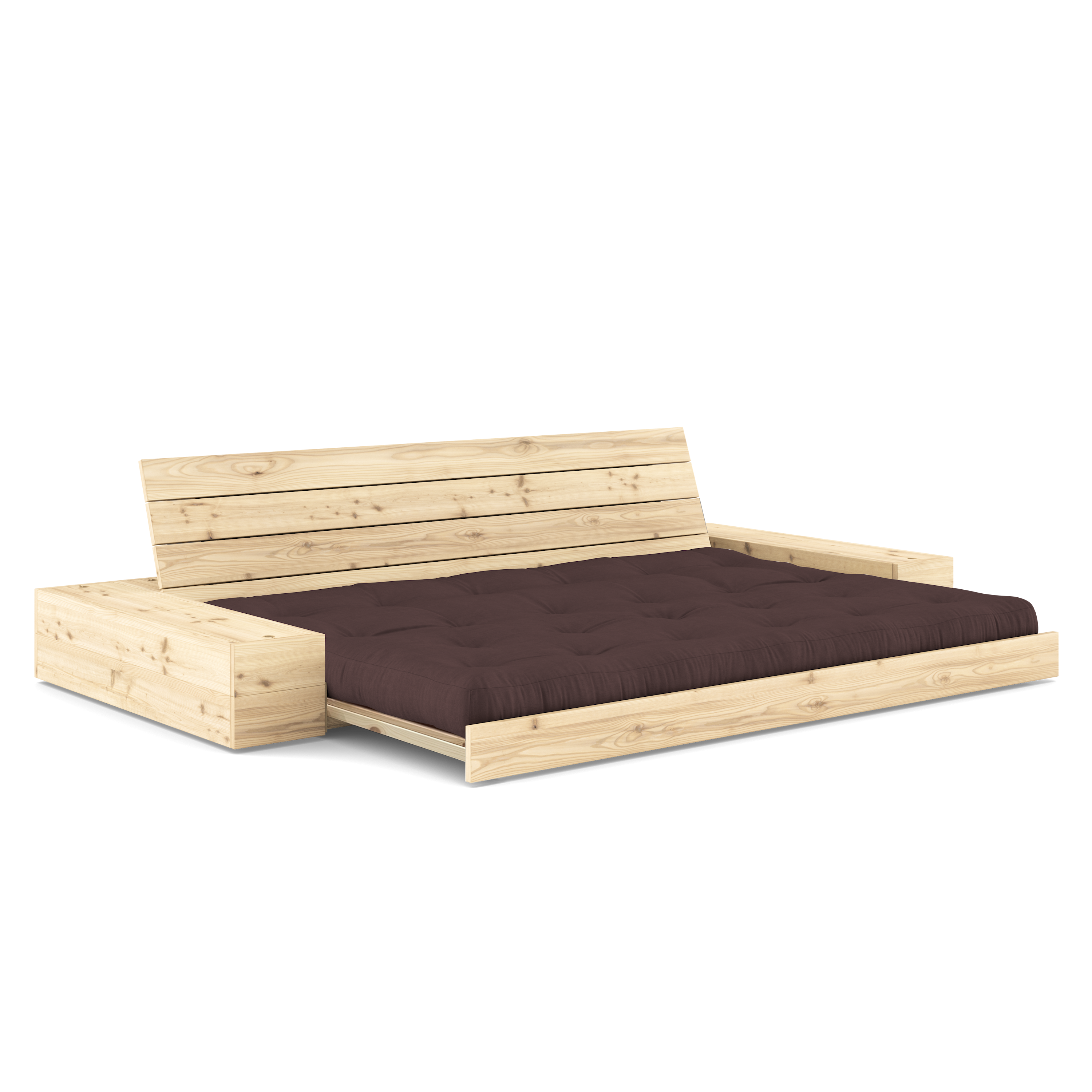 BASE CLAQUEE TRANSPARENTE AVEC 2 COFFRES LATÉRAUX TRANSPARENTE AVEC MATELAS MIXTE 5 COUCHES MAT FIN MARRON