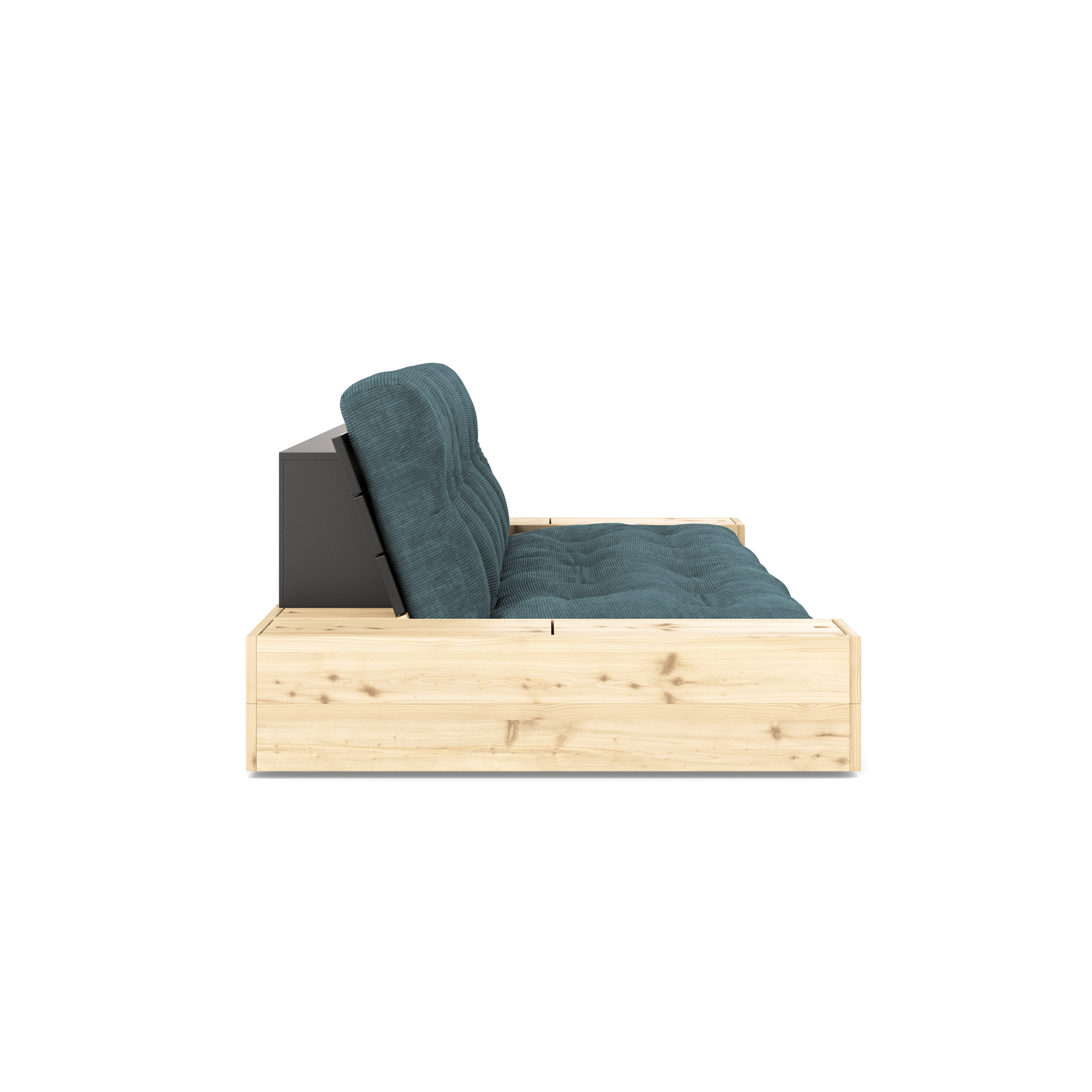 BASE NOIRE NUIT LAQUÉE AVEC 2 COFFRES LATÉRAUX TRANSPARENT AVEC MATELAS MIXTE 5 COUCHES MAT PALE BLEU