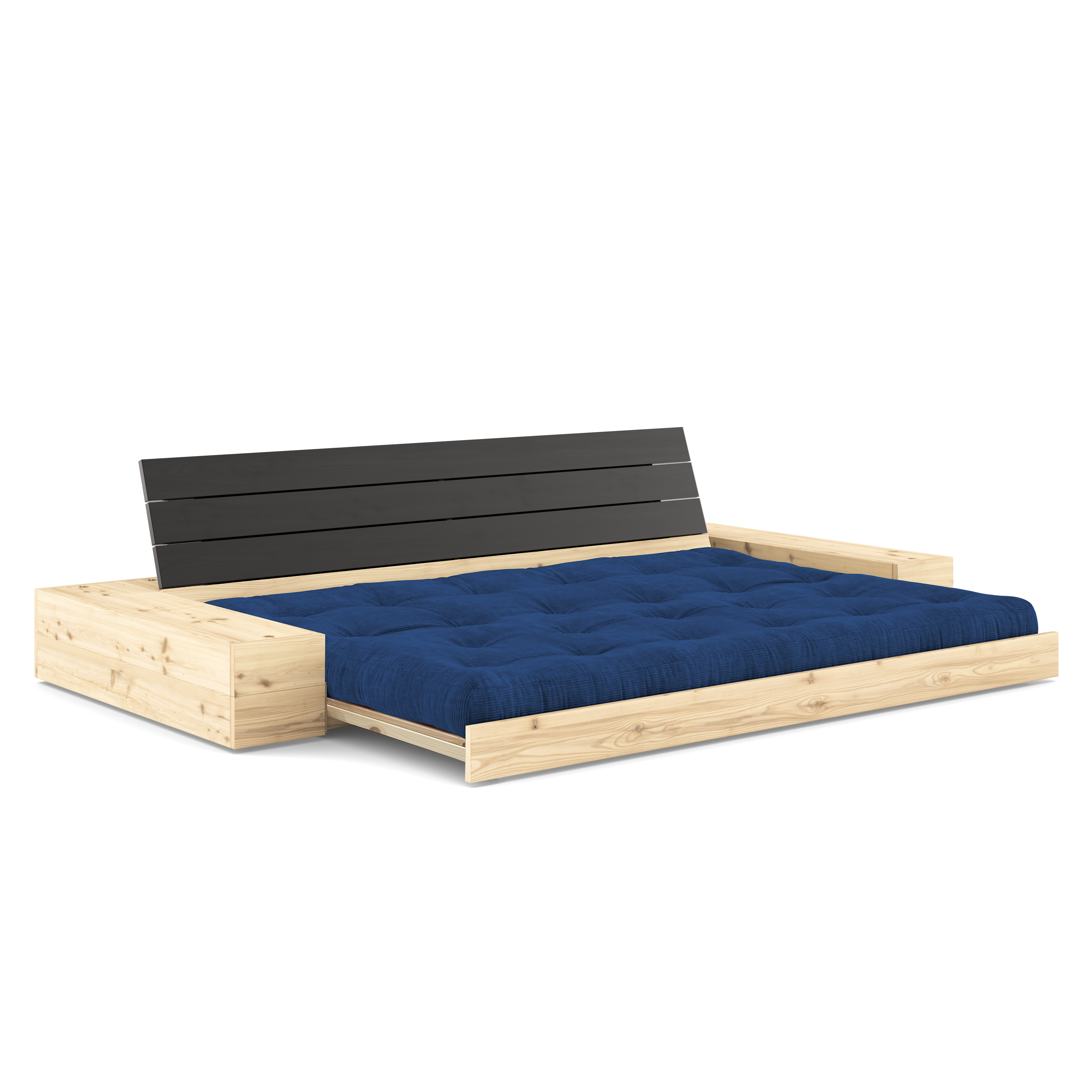 BASE NOIRE LAQUÉE AVEC 2 COFFRES LATÉRAUX TRANSPARENT AVEC MATELAS MIXTE 5 COUCHES MAT ROYAL BLUE