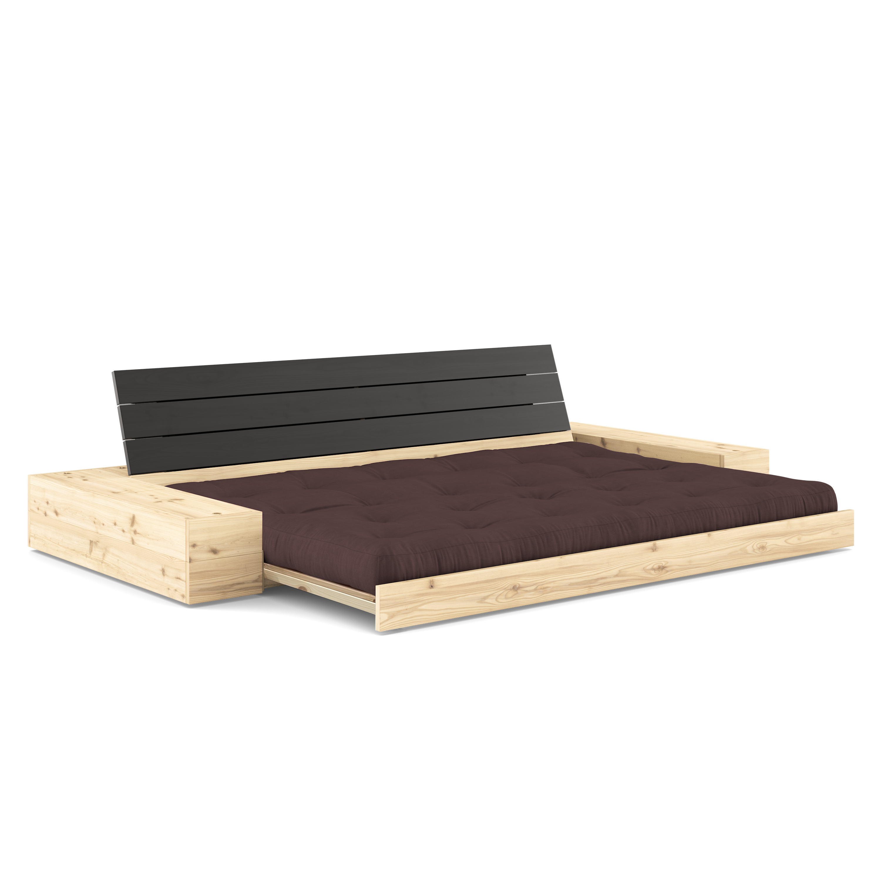 BASE NOIRE NUIT VERNIE AVEC 2 COFFRES LATÉRAUX TRANSPARENT AVEC MATELAS MIXTE 5 COUCHES MAT MARRON