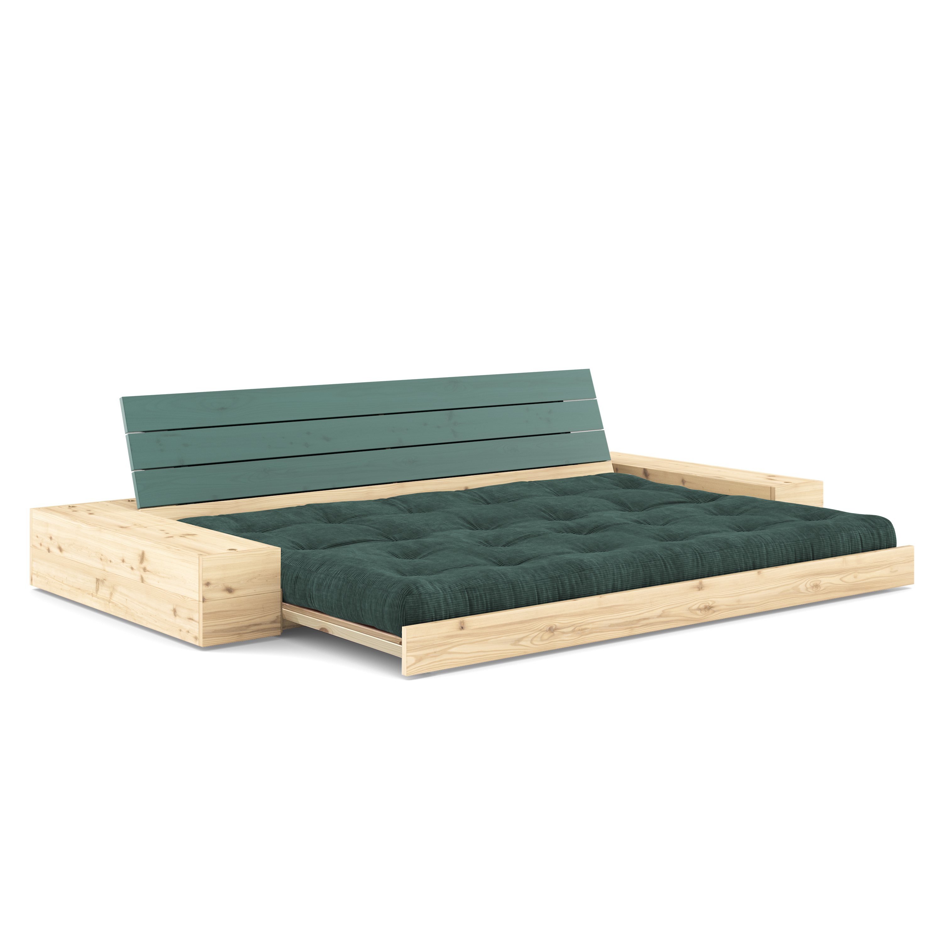 BASE LUSH VERTE LAQUÉE AVEC 2 COFFRES LATÉRAUX CLAIR AVEC MATELAS MIXTE 5 COUCHES MAT TEINTÉ AUX ALGUES