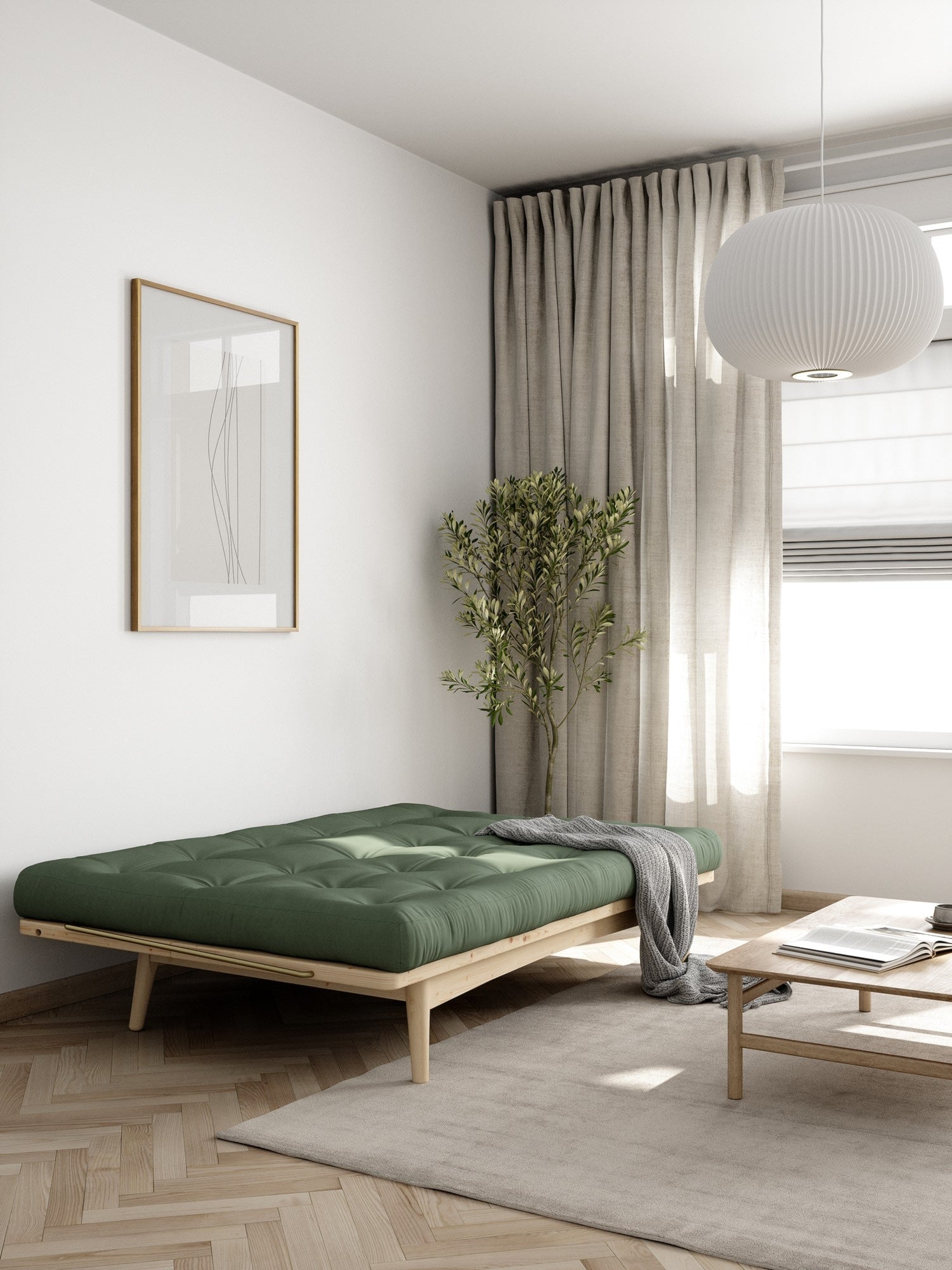 FOLK CLEAR LACQUERED W. 5-LAYER MIXED MATTRESS OLIVE GREEN
