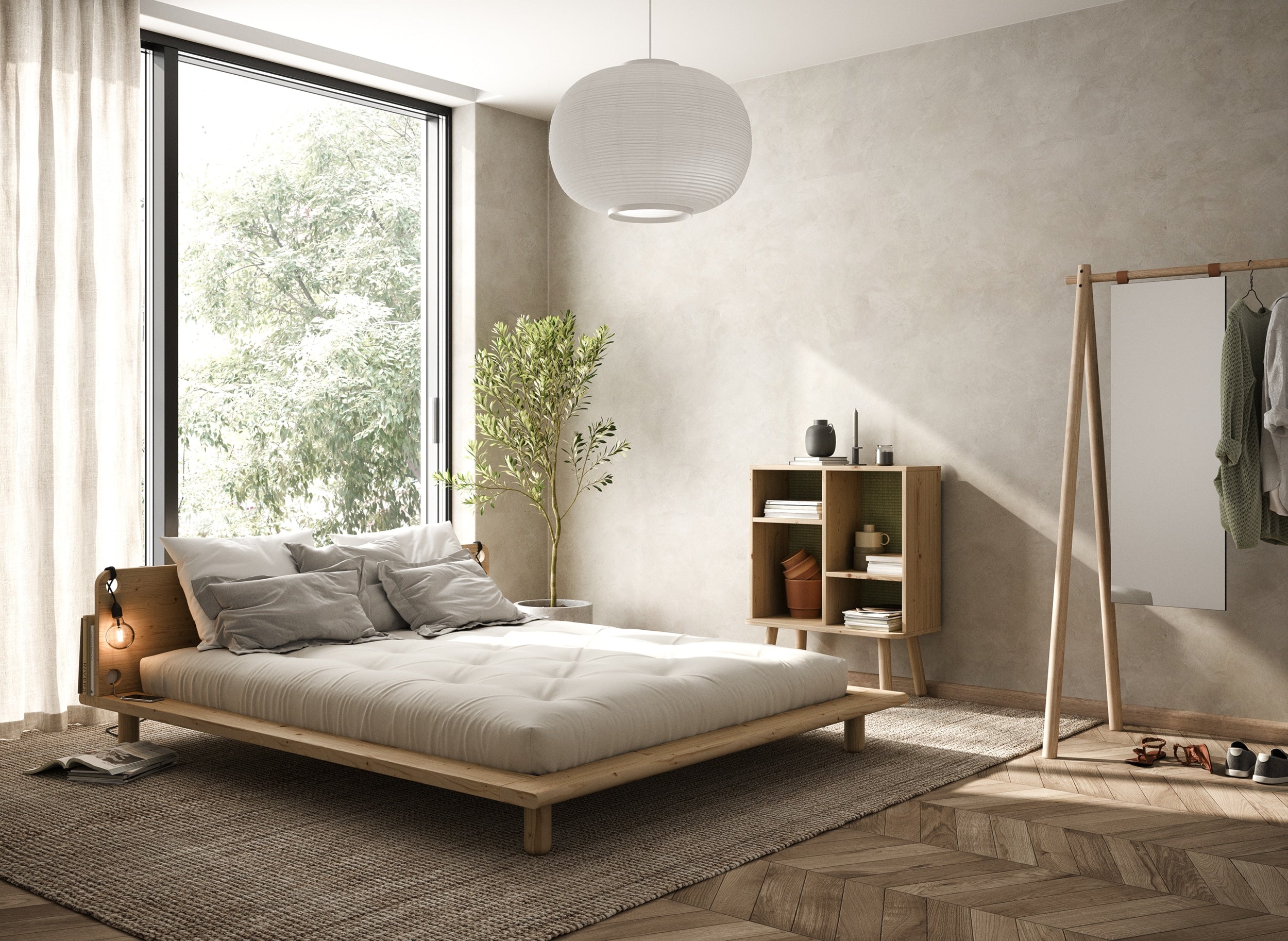 PEEK BED CLEAR LACQUERED 180 X 200 W. 2 BED LAMPS