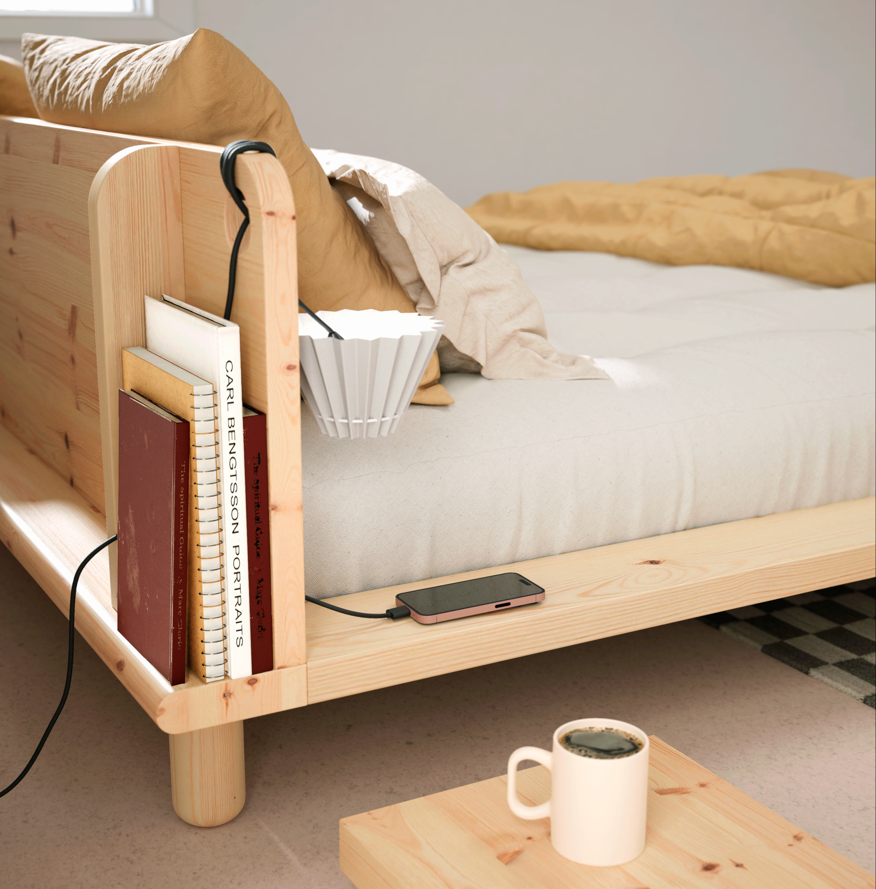 PEEK BED CLEAR LACQUERED 160 X 200 W. 2 BED LAMPS