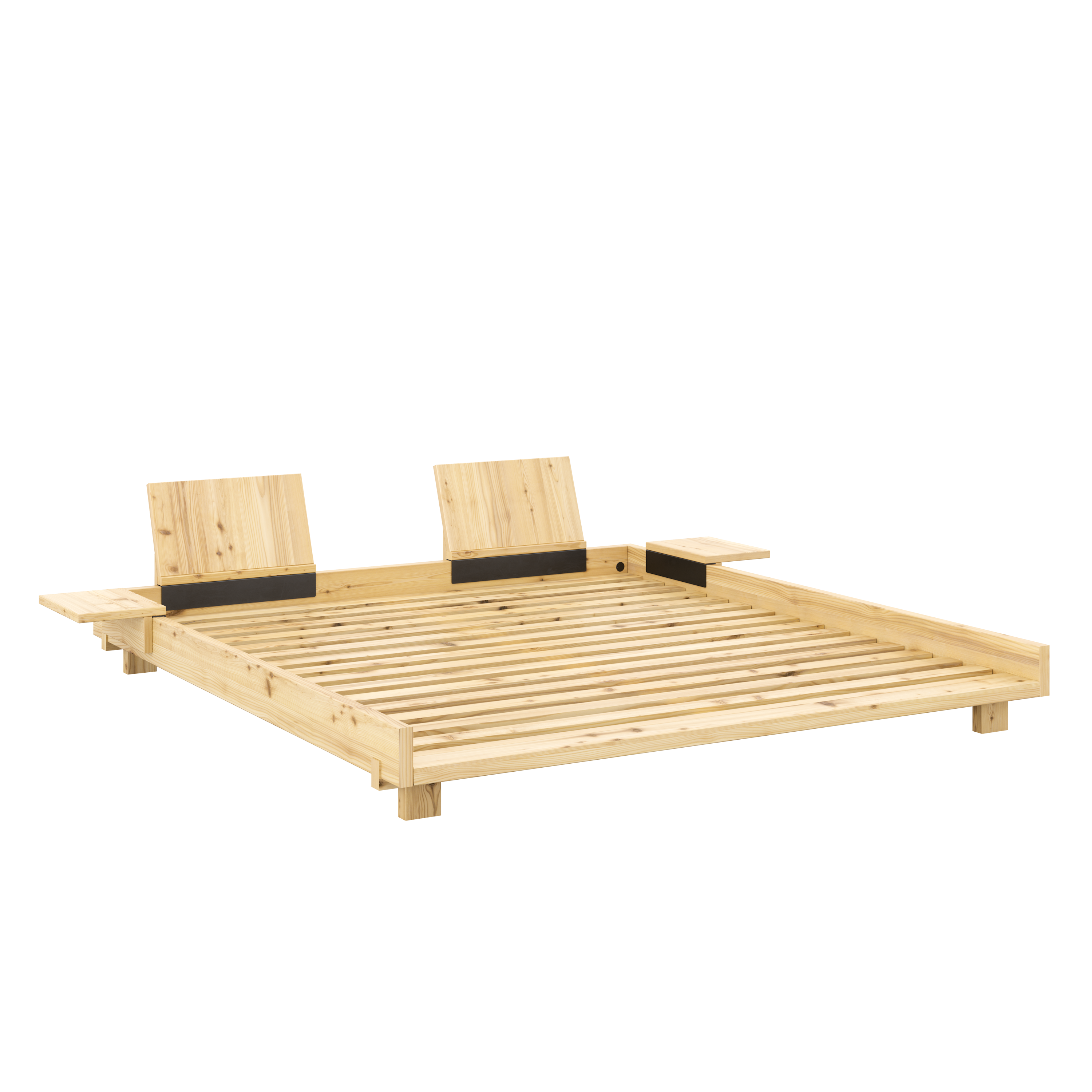 LIT SOCIAL CLAIR LAQUÉ 180 X 200 AVEC 2 APPUIS-TÊTE ET 2 TABLES D'APPOINT LATÉRALES