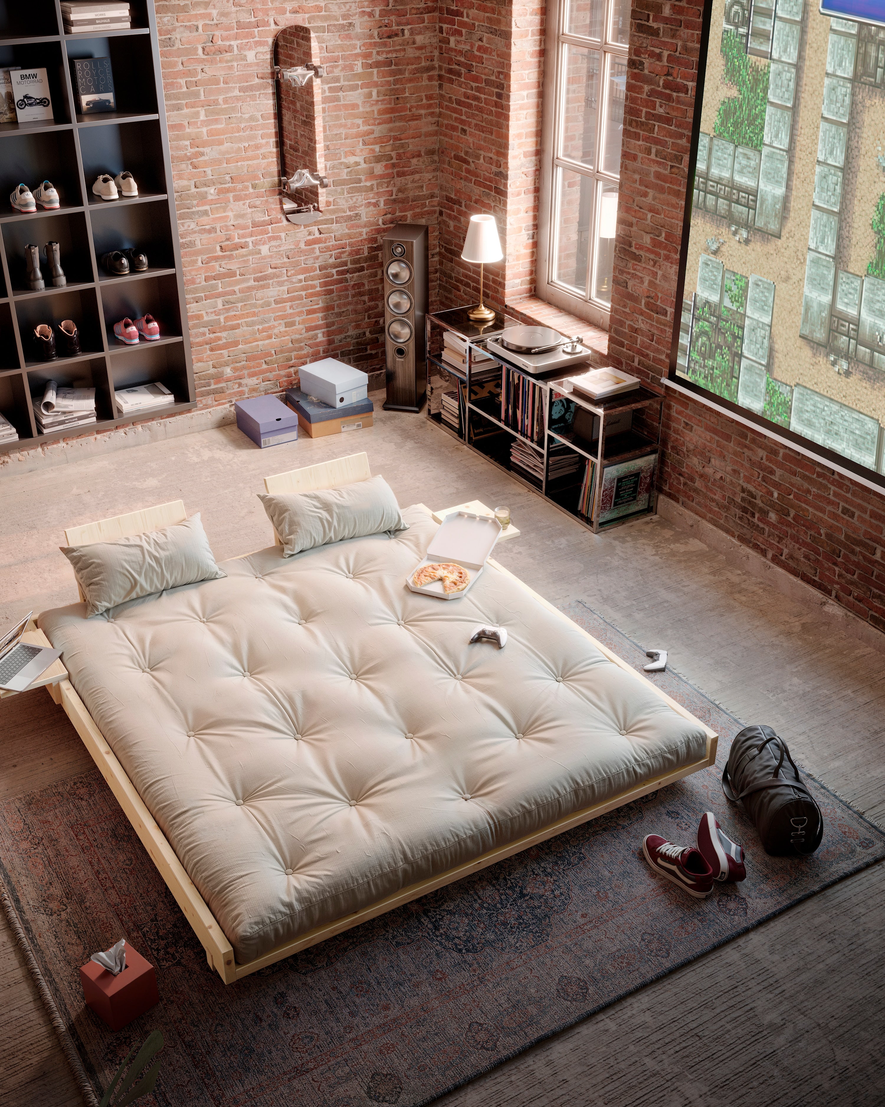 SOCIAL SOFA BED CLEAR LAC 140 X 200 W. 4 PCS BACK RESTS AND 2 PCS SIDE TABLES W. FRESH MATTRESS BEIGE