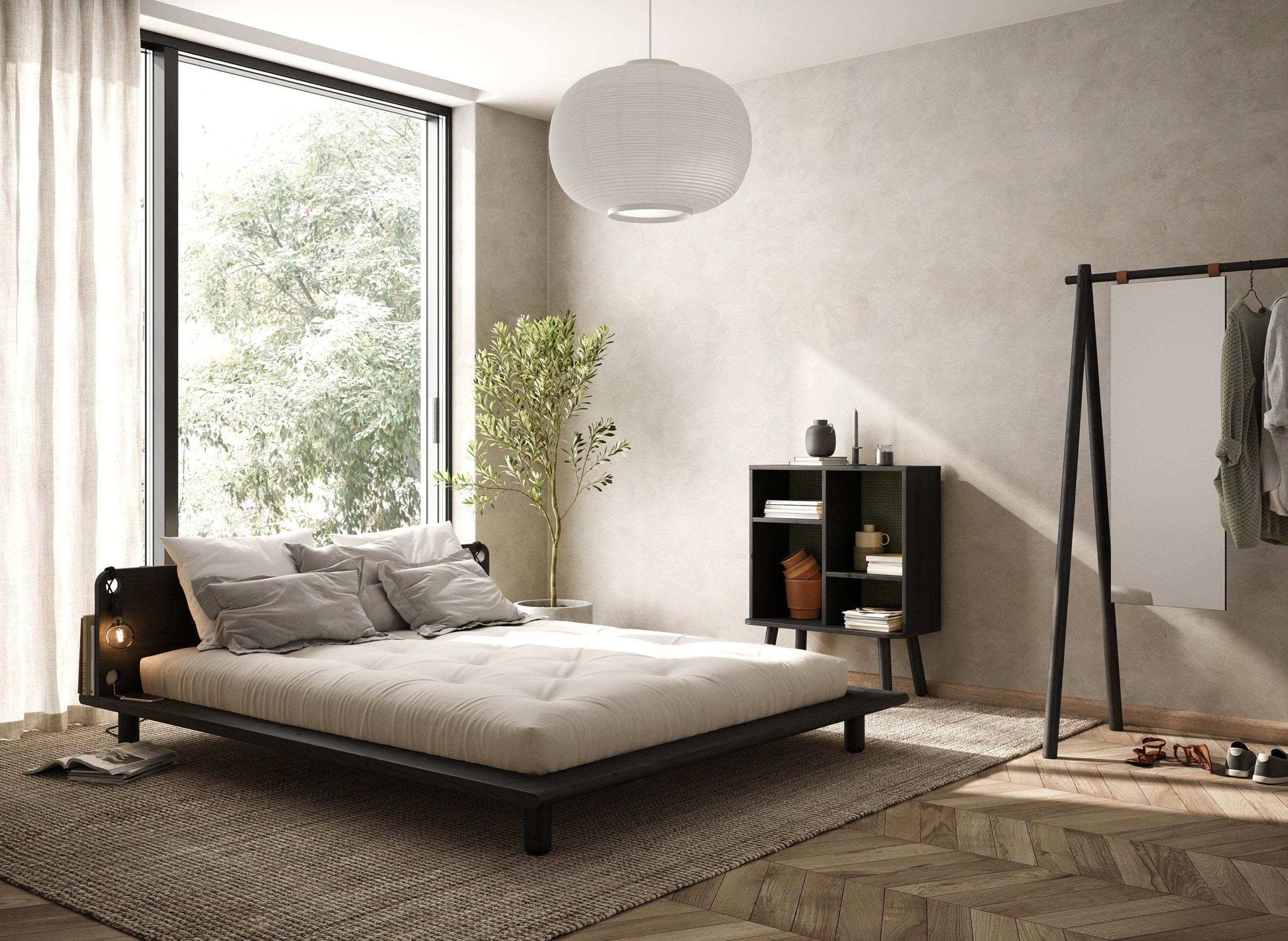 LIT PEEK NOIR LAQUÉ 140 X 200 AVEC 2 LAMPES DE CHEVET