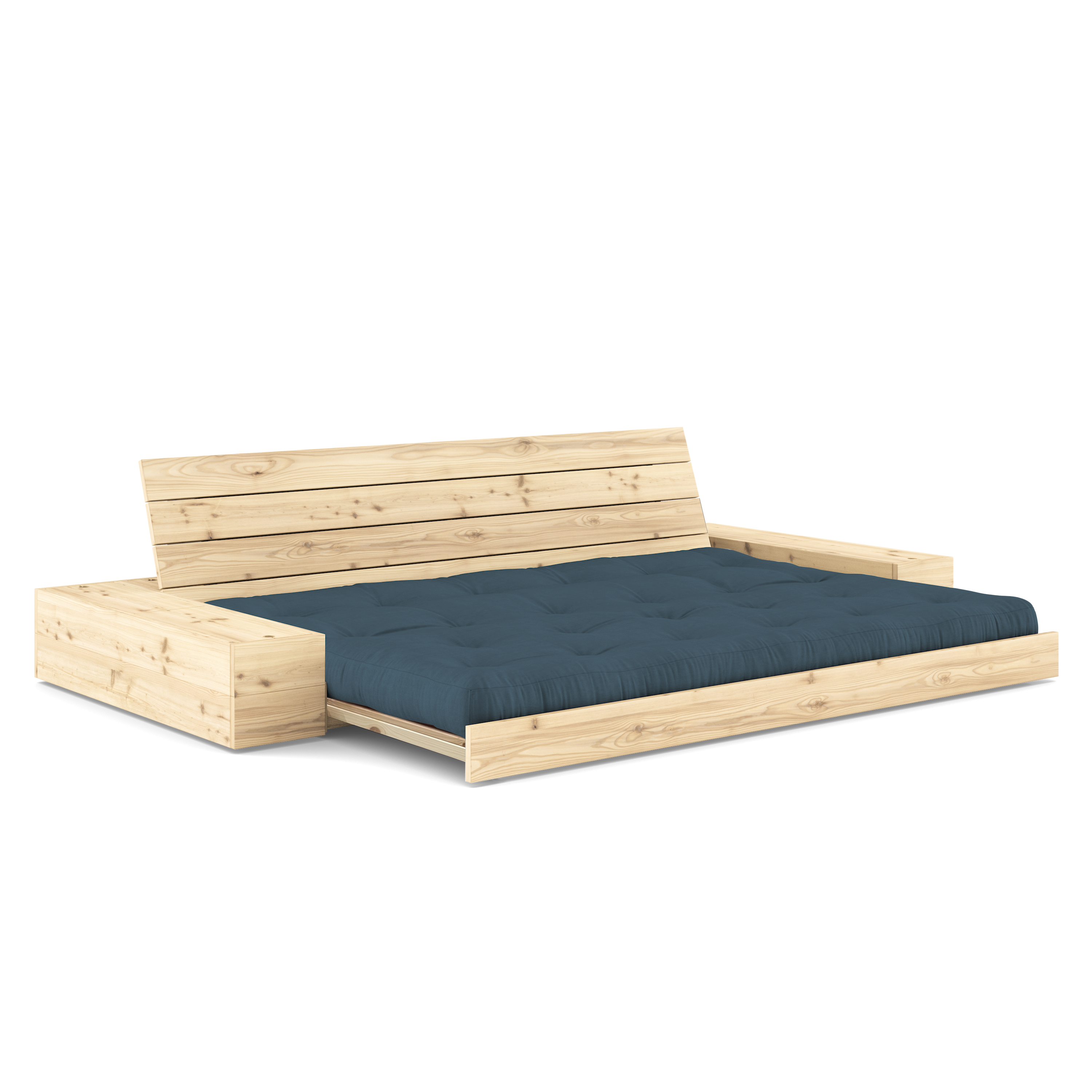 BASE TRANSPARENTE VERNIE AVEC 2 CAISSONS LATÉRAUX TRANSPARENTS AVEC MATELAS MIXTE 5 COUCHES BLEU PÉTROLE