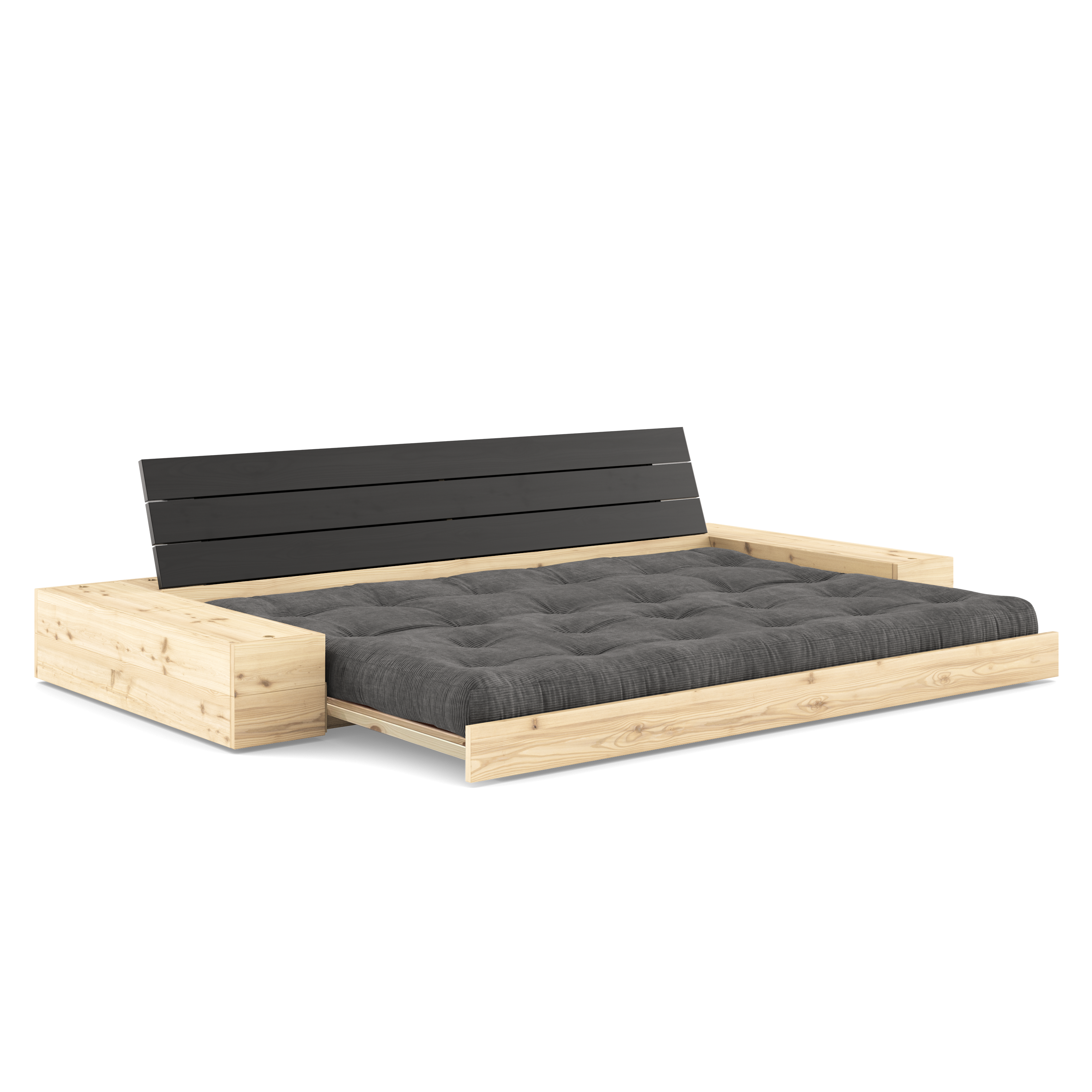 BASE NOIRE LAQUÉE NUIT AVEC 2 CÔTÉS DE RANGEMENT CLAIR AVEC MATELAS MIXTE 5 COUCHES MAT CHARBON