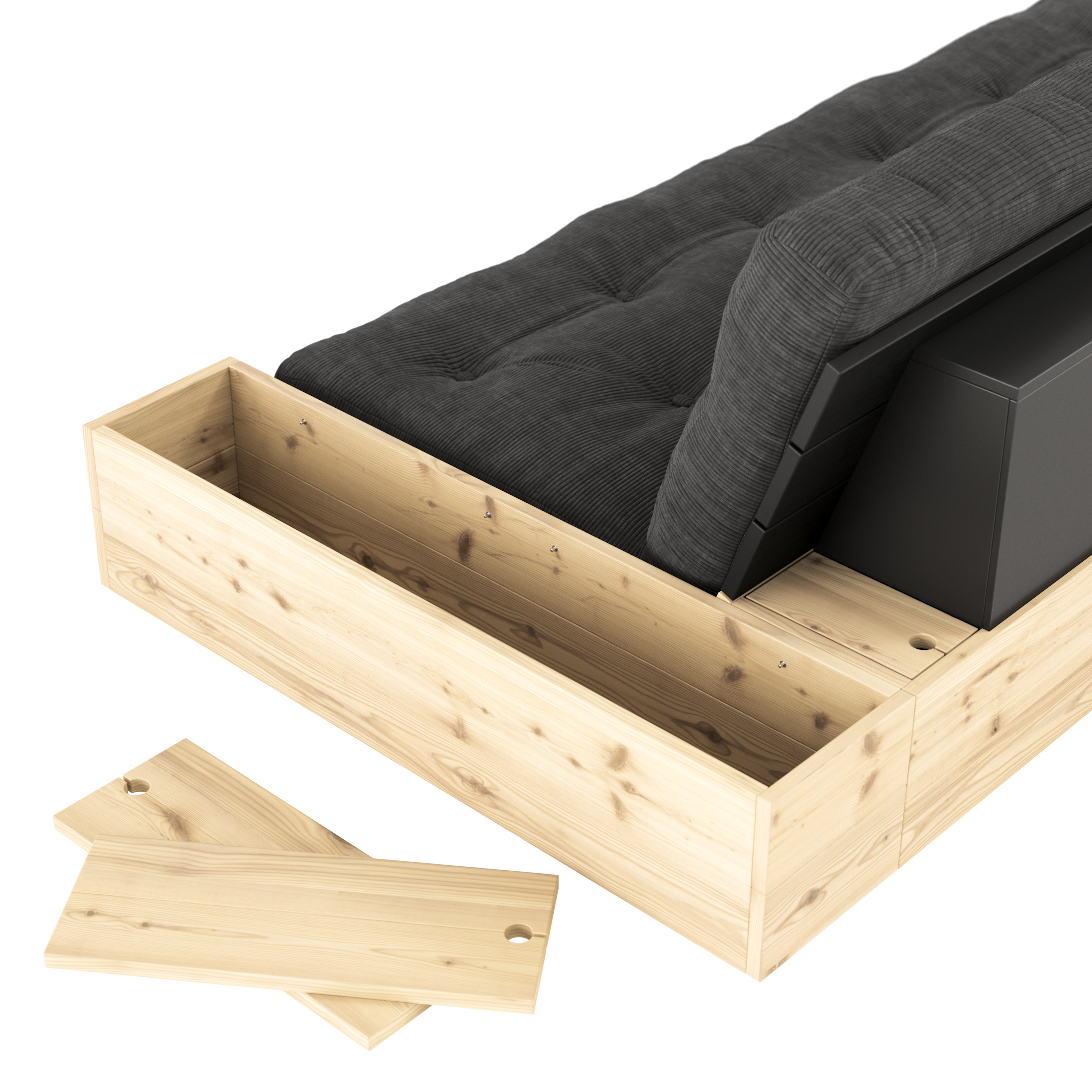 NOIR DE BASE LAQUÉ AVEC 2 COFFRES LATÉRAUX CLAIR AVEC MATELAS MIXTE 5 COUCHES MAT TEINT FONCÉ GRIS