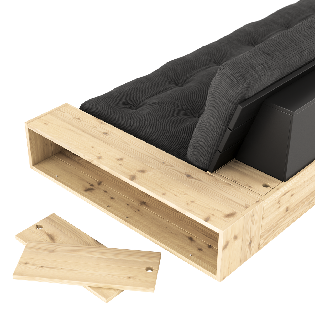 BASE BLACK NIGHT LACQUERED W. 2 SIDEBOXES CLEAR W. 5-LAYER MIXED MATTRESS LINEN