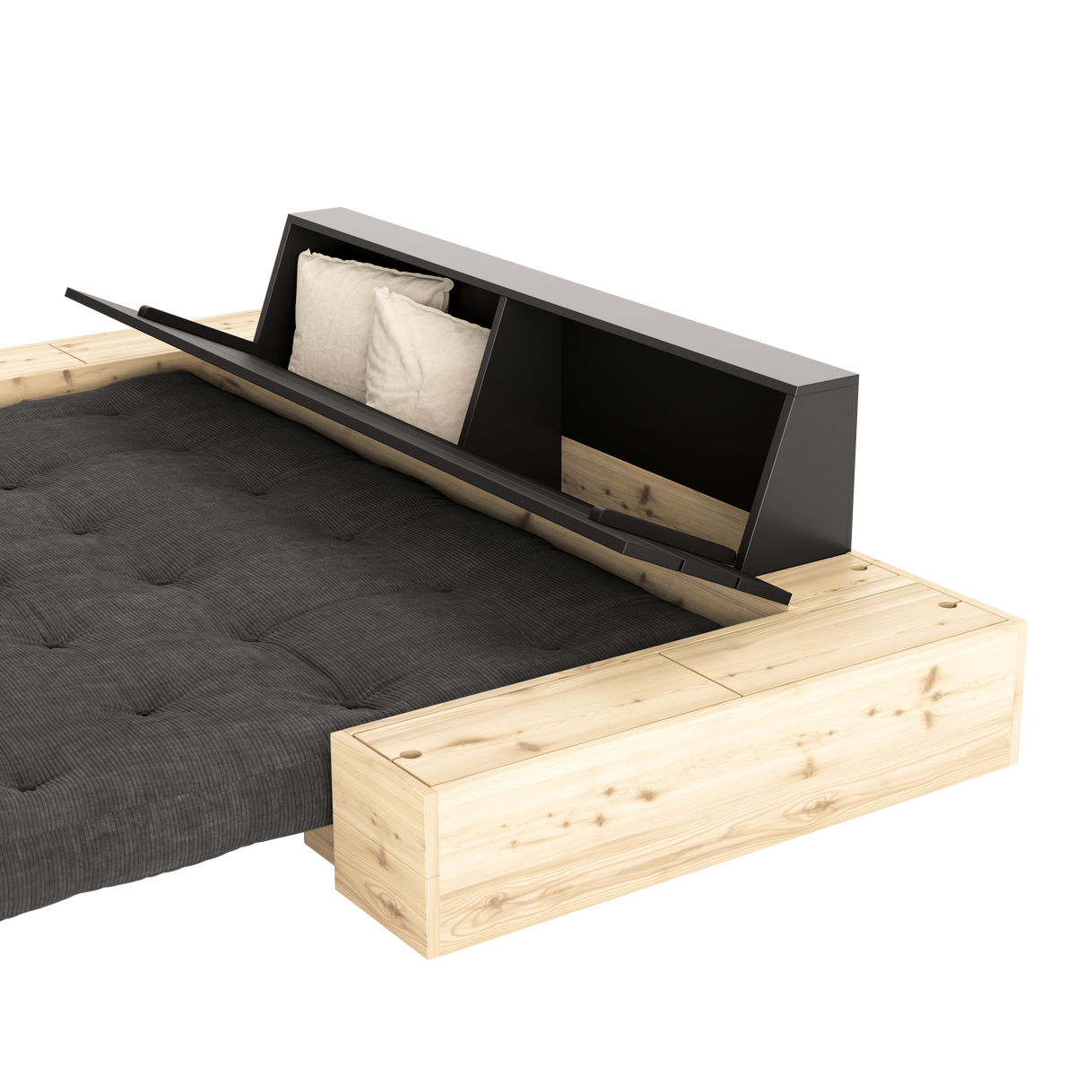 BASE BLACK NIGHT LACQUERED W. 2 SIDEBOXES CLEAR W. 5-LAYER MIXED MATTRESS BEIGE