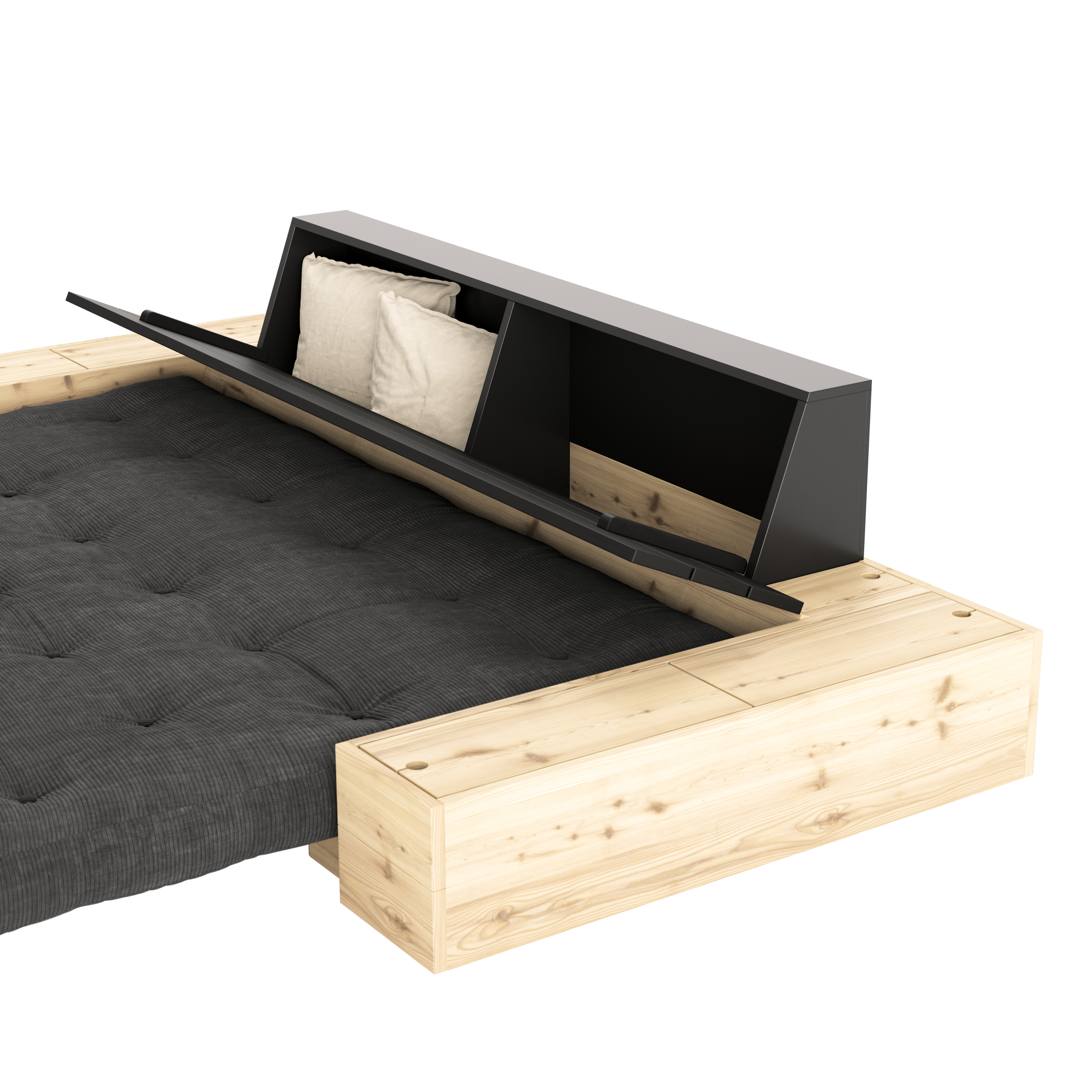 NOIR DE BASE LAQUÉ AVEC 2 COFFRES LATÉRAUX CLAIR AVEC MATELAS MIXTE 5 COUCHES MAT VERT OLIVE