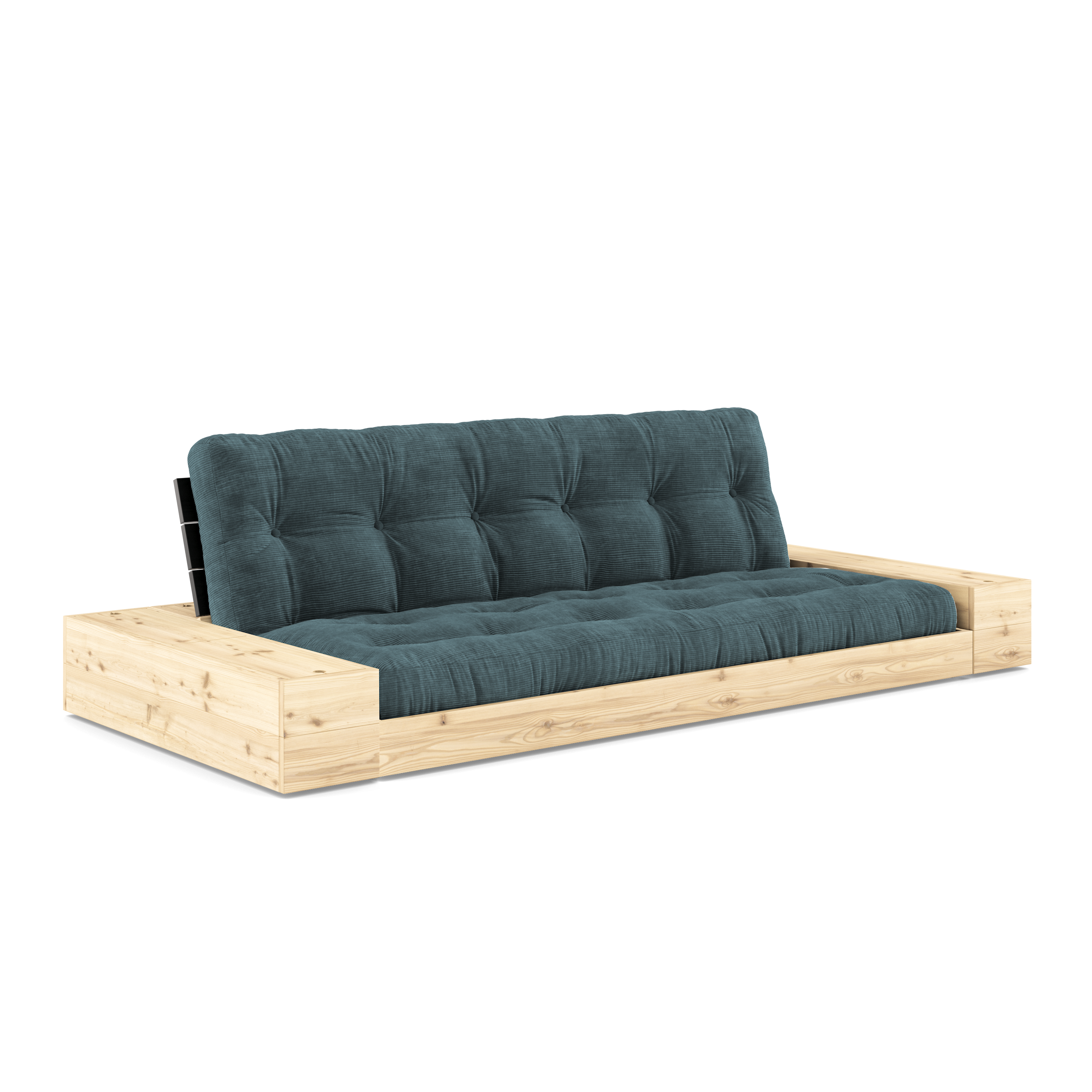 BASE NOIRE NUIT LAQUÉE AVEC 2 COFFRES LATÉRAUX TRANSPARENT AVEC MATELAS MIXTE 5 COUCHES MAT PALE BLEU