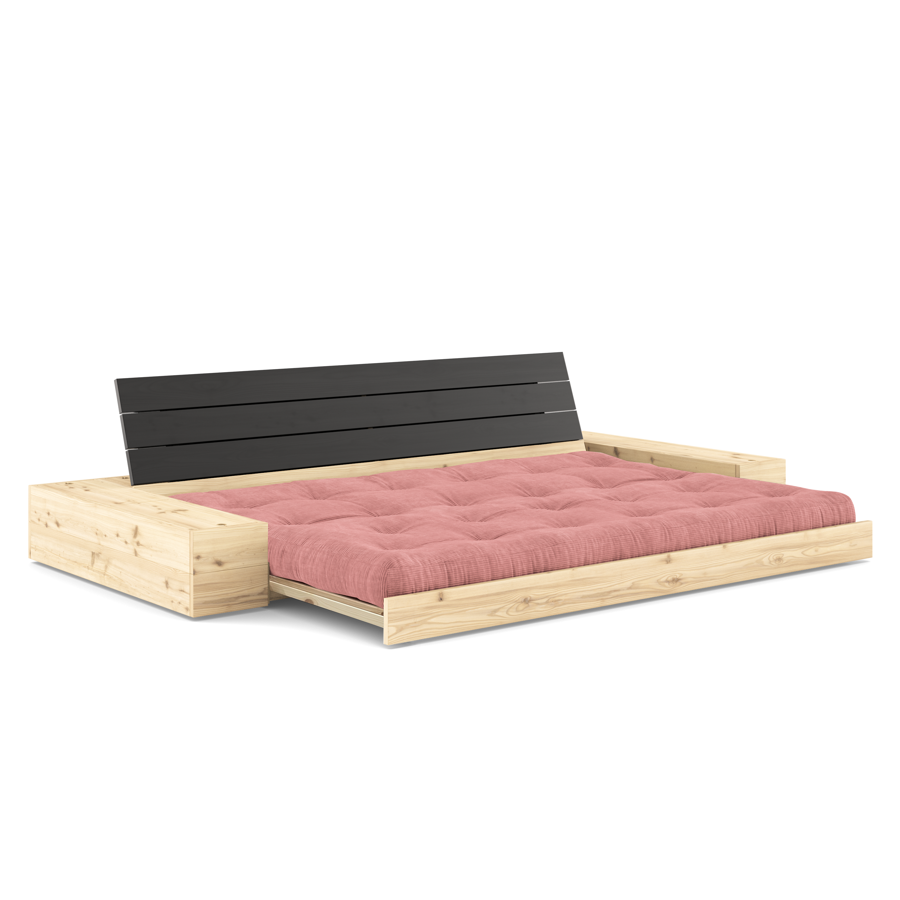 BASE NOIRE NUIT LAQUÉE AVEC 2 COFFRES LATÉRAUX TRANSPARENTS AVEC MATELAS MIXTE 5 COUCHES MATTE SORBET ROSE