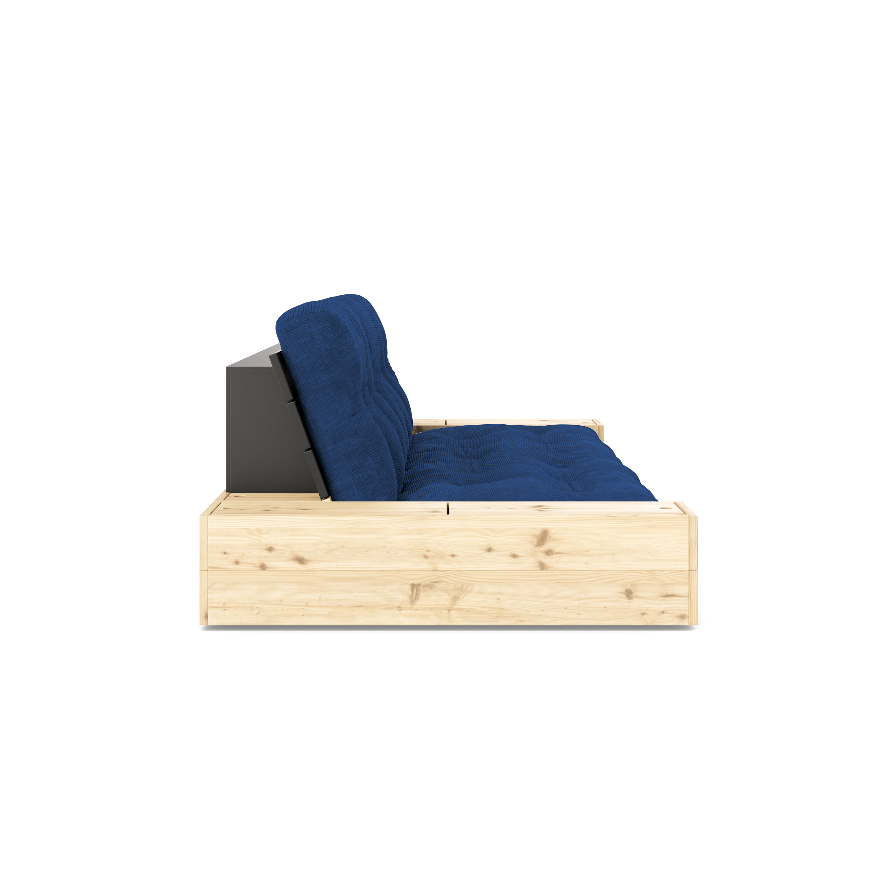 BASE NOIRE LAQUÉE AVEC 2 COFFRES LATÉRAUX TRANSPARENT AVEC MATELAS MIXTE 5 COUCHES MAT ROYAL BLUE
