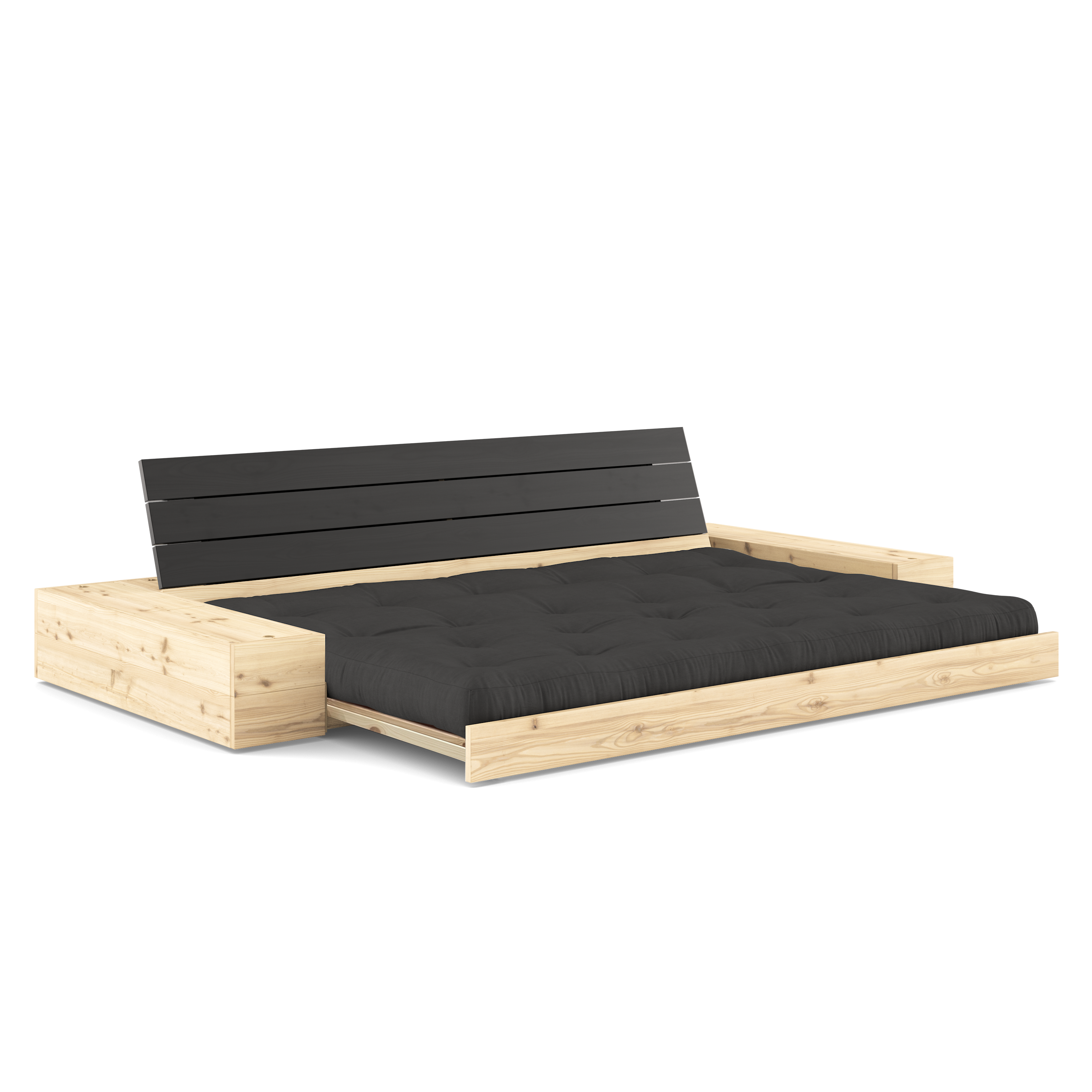 NOIR DE BASE LAQUÉ AVEC 2 COFFRES LATÉRAUX CLAIR AVEC MATELAS MIXTE 5 COUCHES MAT TEINT FONCÉ GRIS