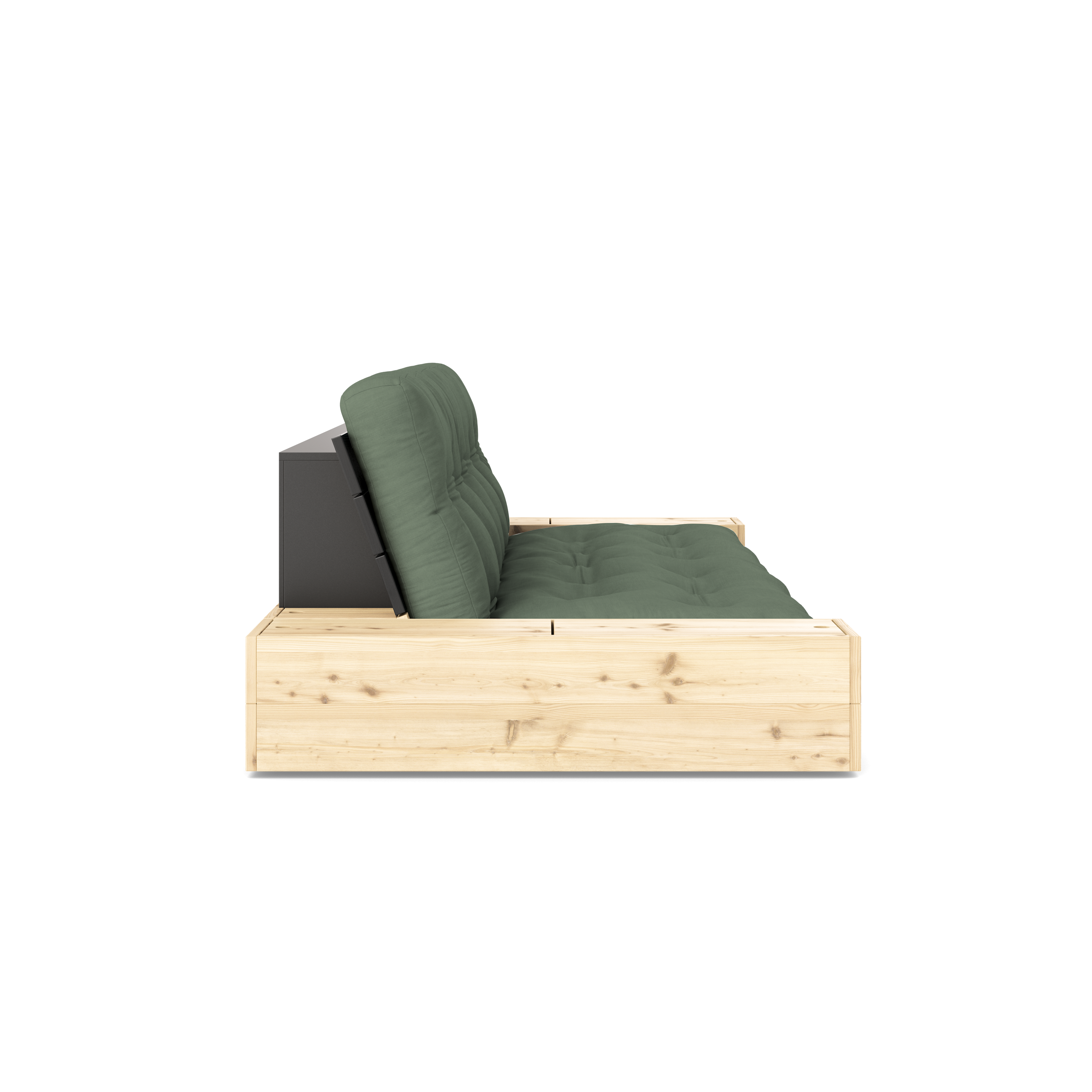 NOIR DE BASE LAQUÉ AVEC 2 COFFRES LATÉRAUX CLAIR AVEC MATELAS MIXTE 5 COUCHES MAT VERT OLIVE