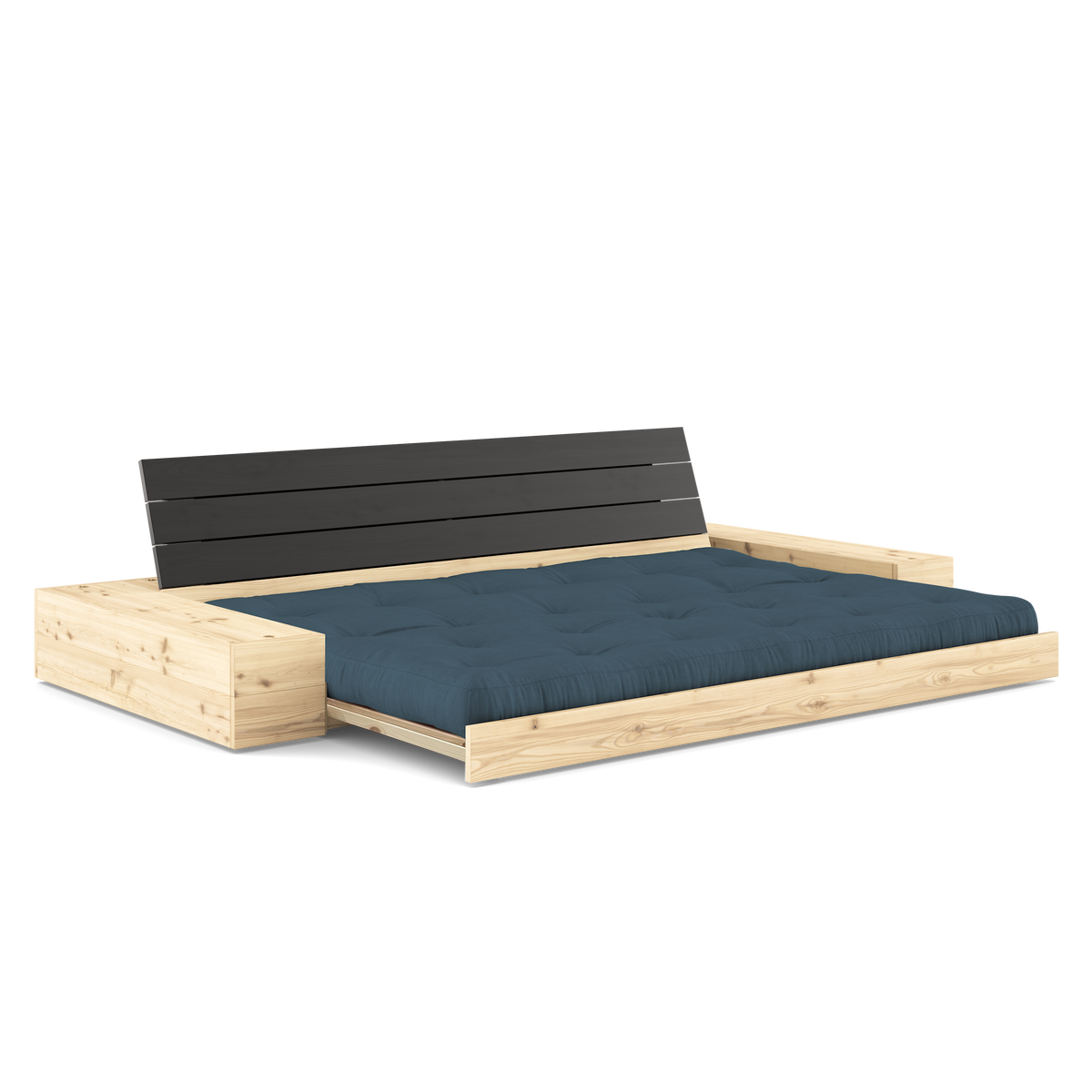 BASE BLACK NIGHT LACQUERED W. 2 SIDEBOXES CLEAR W. 5-LAYER MIXED MATTRESS PETROL BLUE