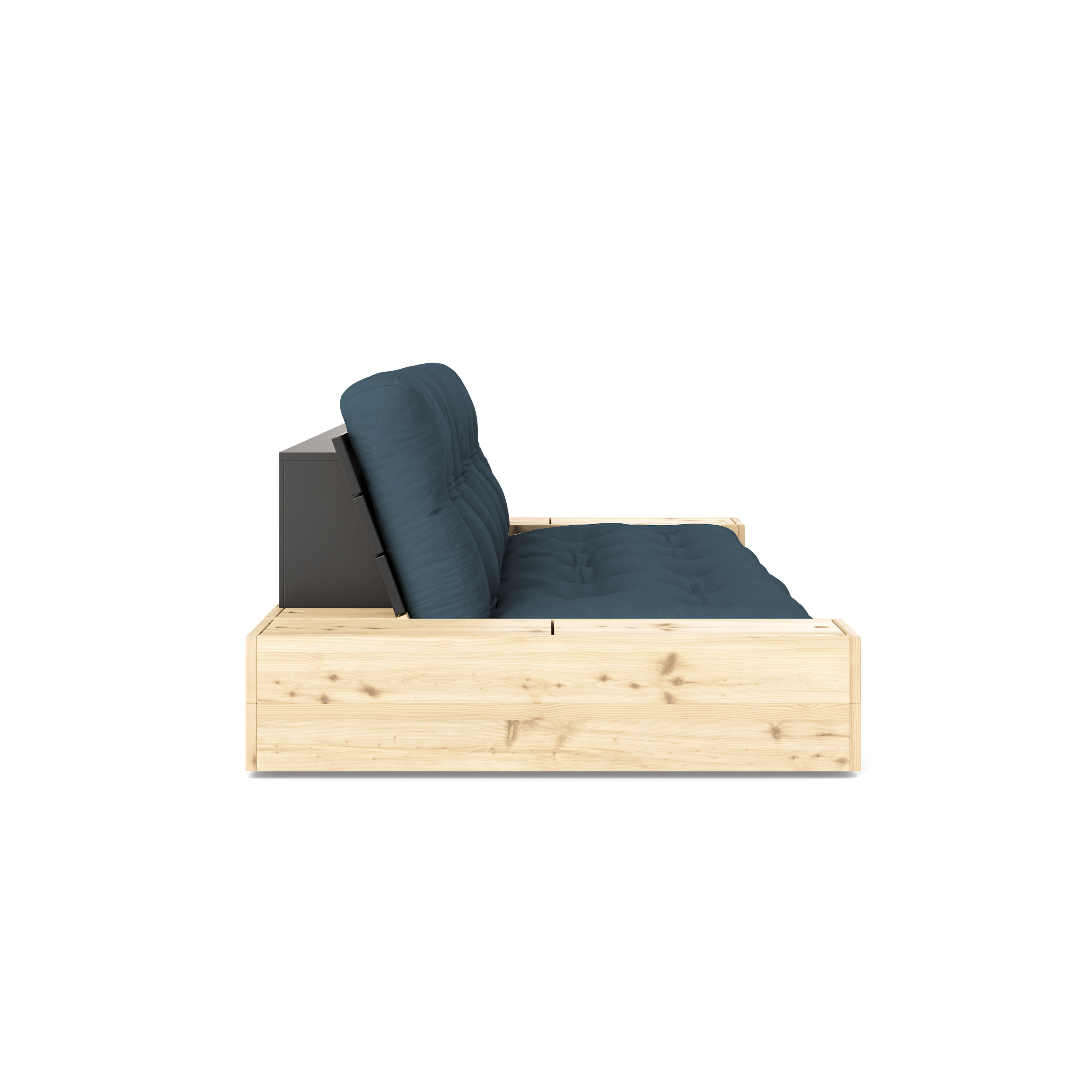 BASE BLACK NIGHT LACQUERED W. 2 SIDEBOXES CLEAR W. 5-LAYER MIXED MATTRESS PETROL BLUE