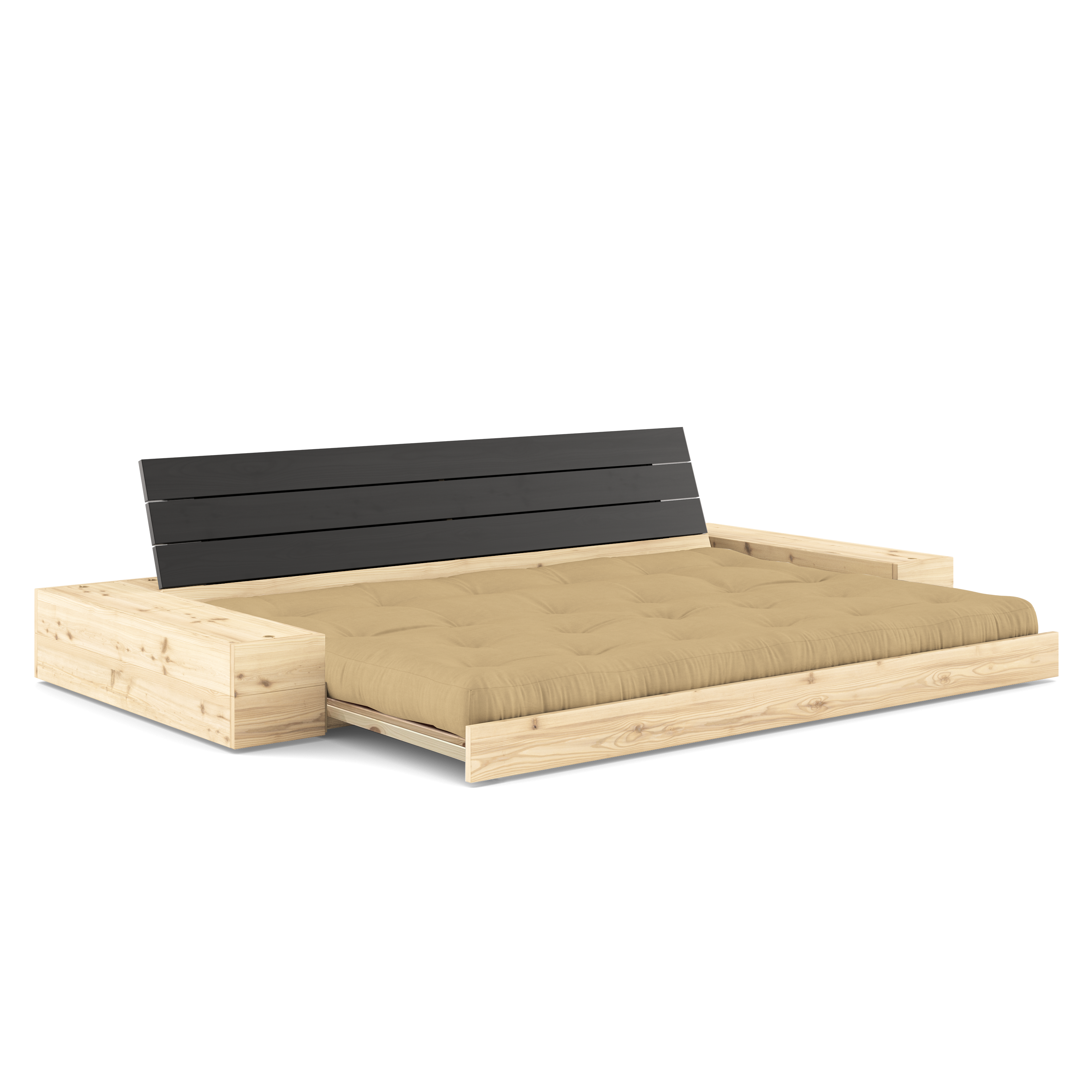 BASE BLACK NIGHT LACQUERED W. 2 SIDEBOXES CLEAR W. 5-LAYER MIXED MATTRESS WHEAT BEIGE