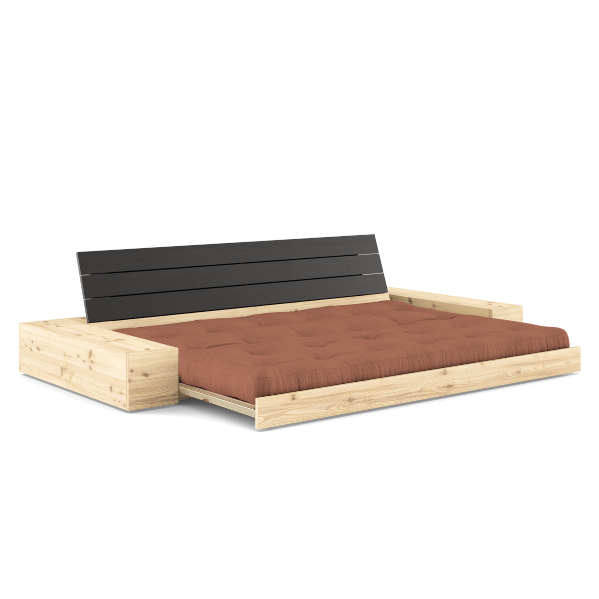 BASE BLACK NIGHT LACQUERED W. 2 SIDEBOXES CLEAR W. 5-LAYER MIXED MATTRESS CLAY BROWN