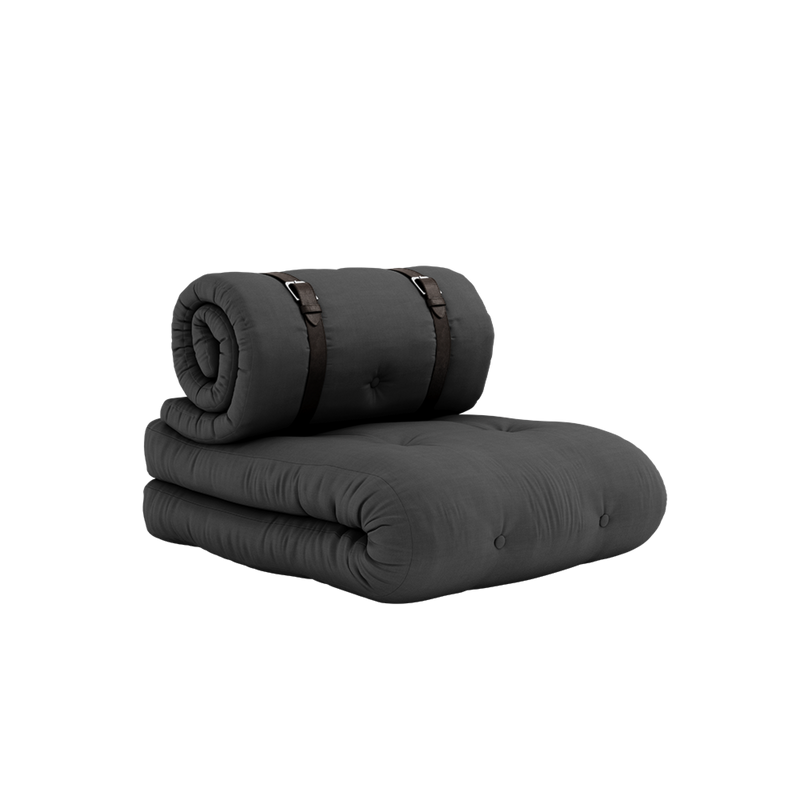 BUCKLE-UP CHAIR DARK GREY W. 2 BROWN LEATHER BELTS