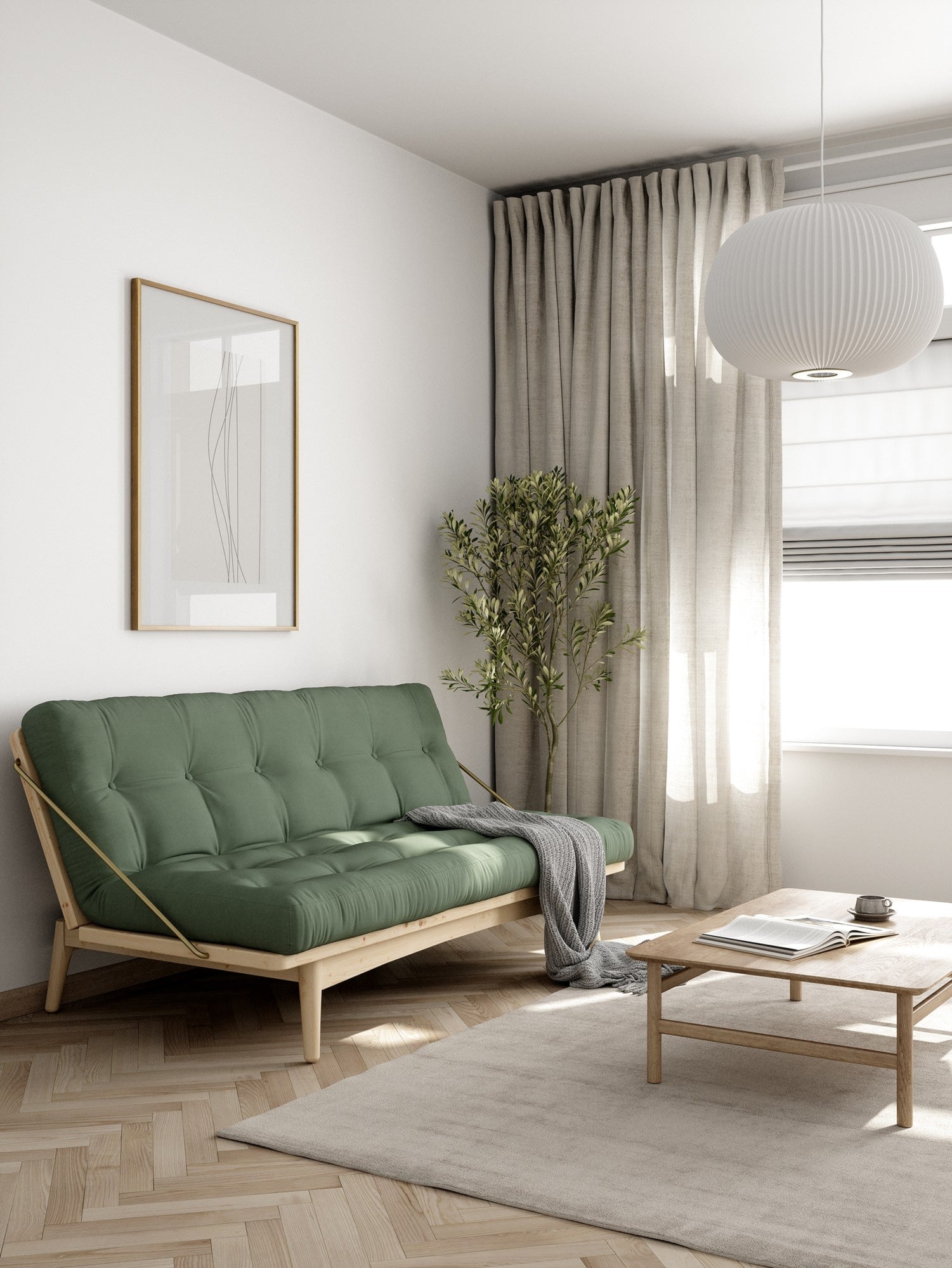 FOLK CLEAR LACQUERED W. 5-LAYER MIXED MATTRESS OLIVE GREEN