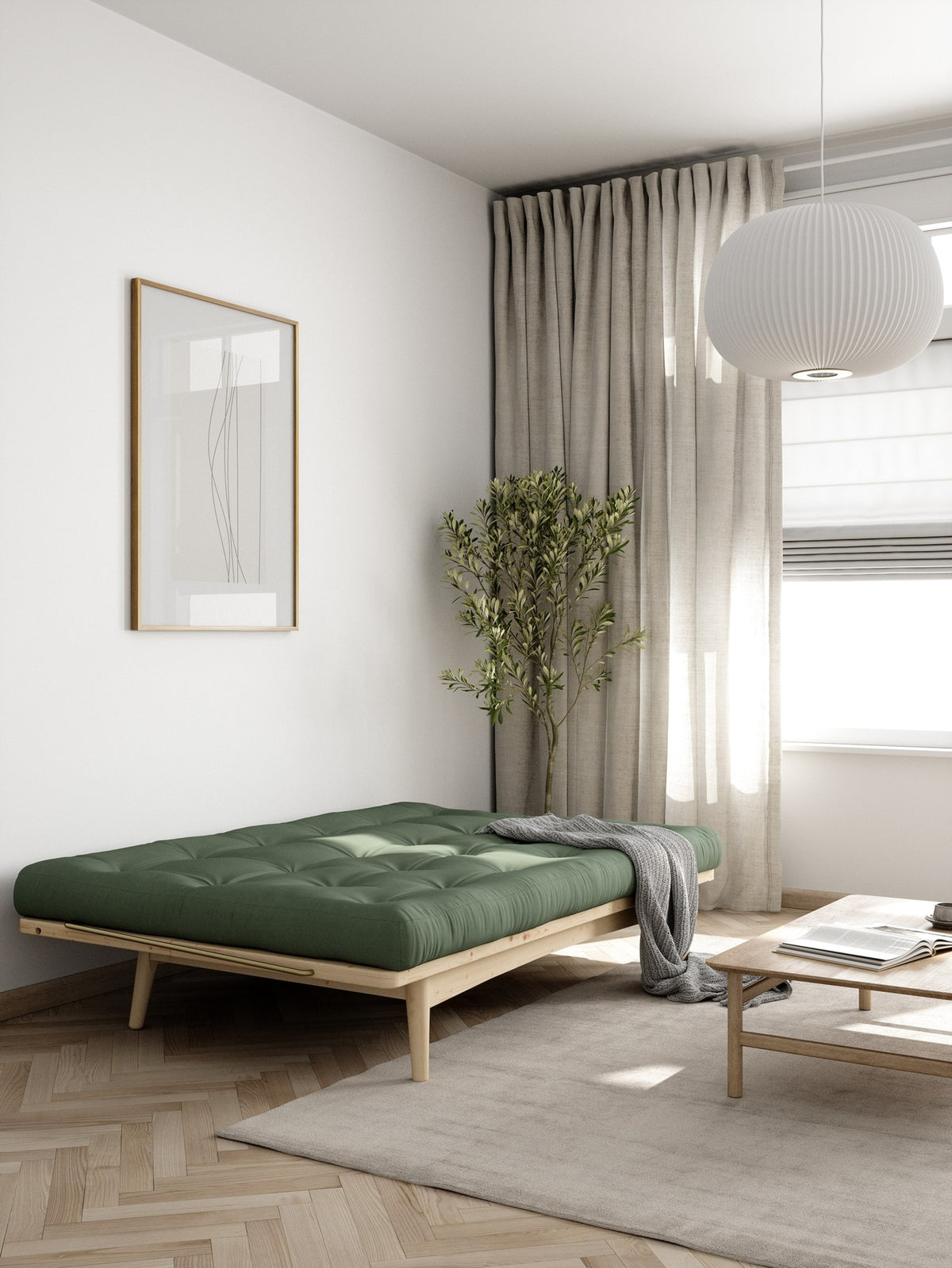 FOLK CLAIR VERNISÉ AVEC MATELAS MIXTE 5 COUCHES VERT OLIVE