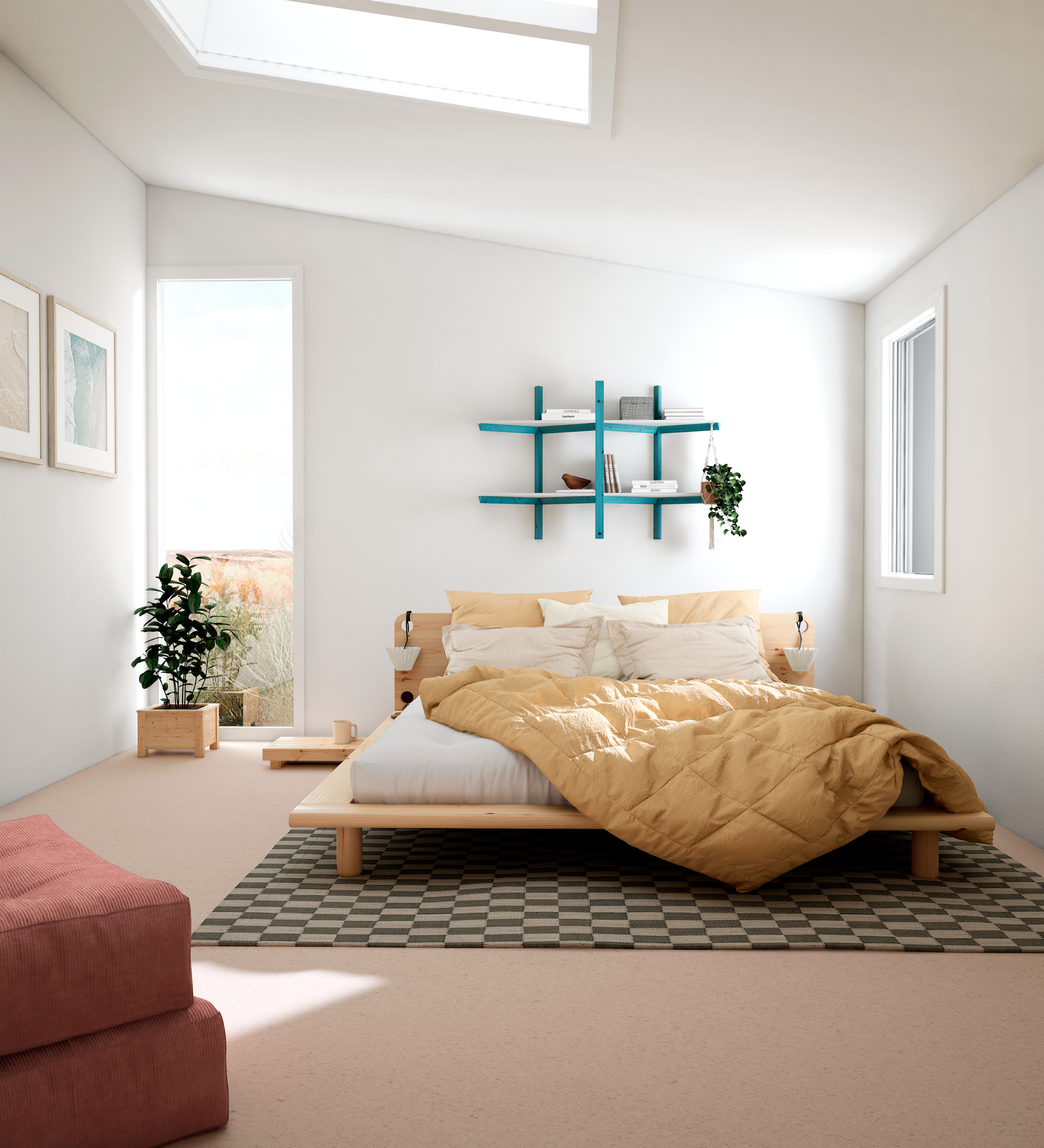 PEEK BED CLEAR LACQUERED 140 X 200 W. 2 BED LAMPS