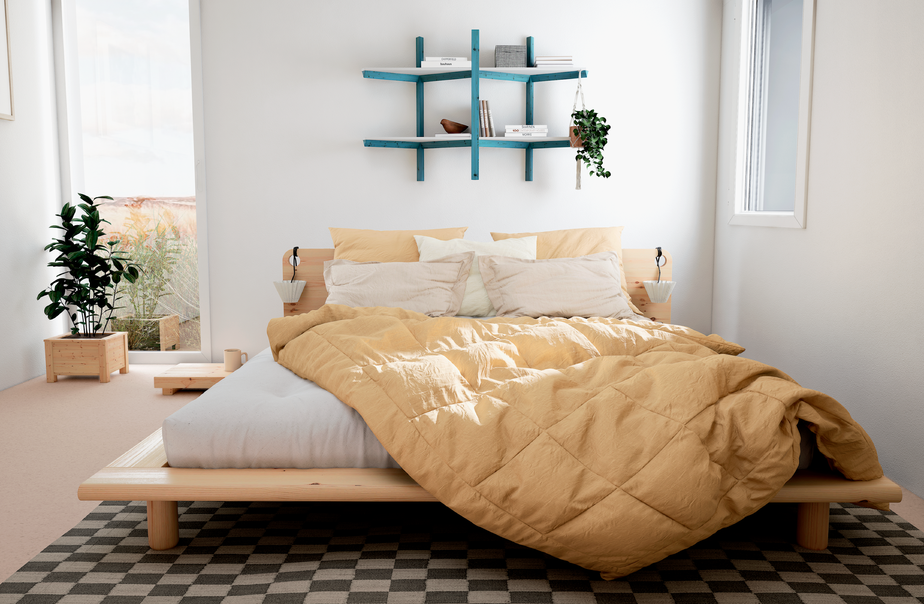PEEK BED CLEAR LACQUERED 160 X 200 W. 2 BED LAMPS