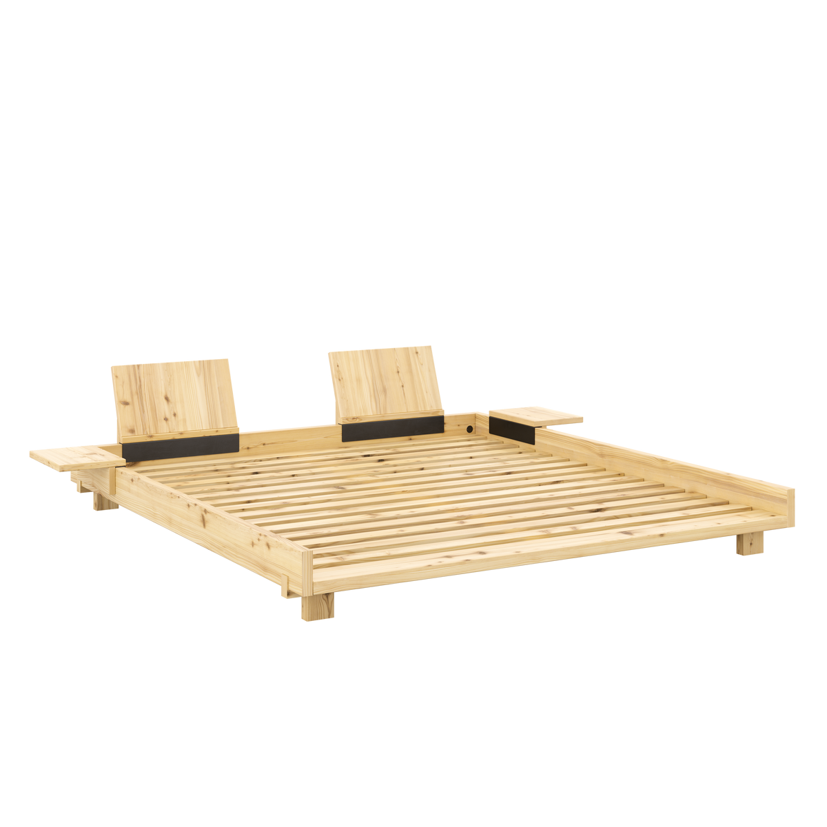SOCIAL BED CLEAR LACQUERED 180 X 200 W. 2 PCS BACK RESTS AND 2 PCS SIDE TABLES