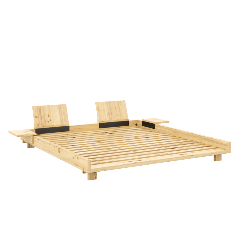 SOCIAL BED CLEAR LACQUERED 180 X 200 W. 2 PCS BACK RESTS AND 2 PCS SIDE TABLES