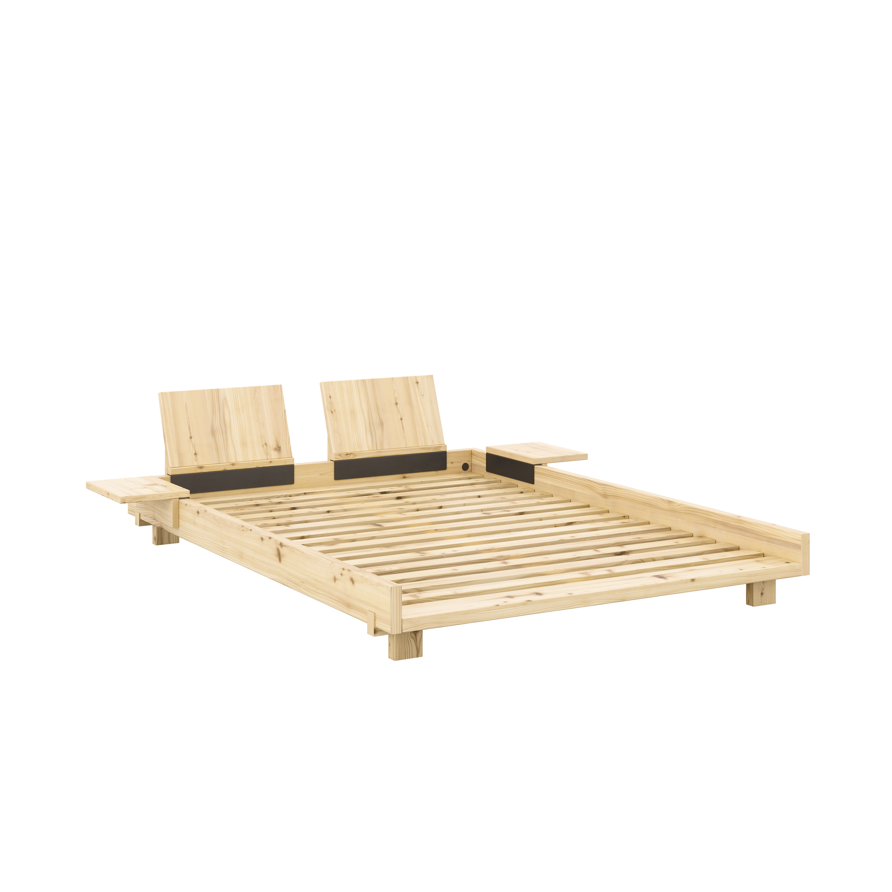 SOCIAL BED CLEAR LACQUERED 140 X 200 W. 2 PCS BACK RESTS AND 2 PCS SIDE TABLES
