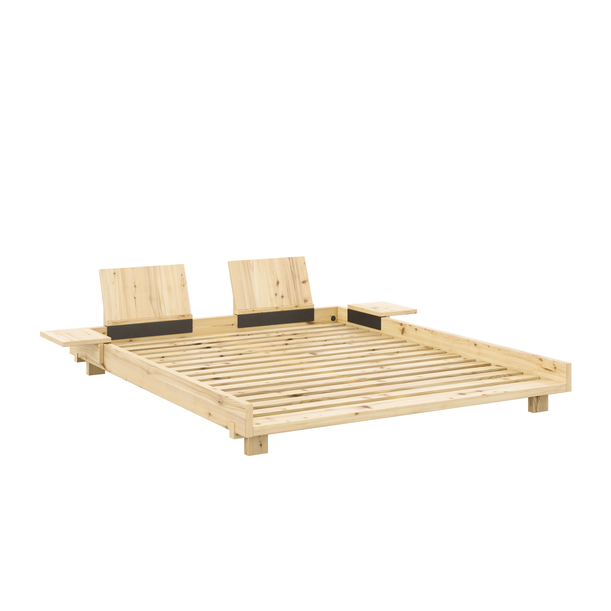 SOCIAL BED CLEAR LACQUERED 160 X 200 W. 2 PCS BACK RESTS AND 2 PCS SIDE TABLES