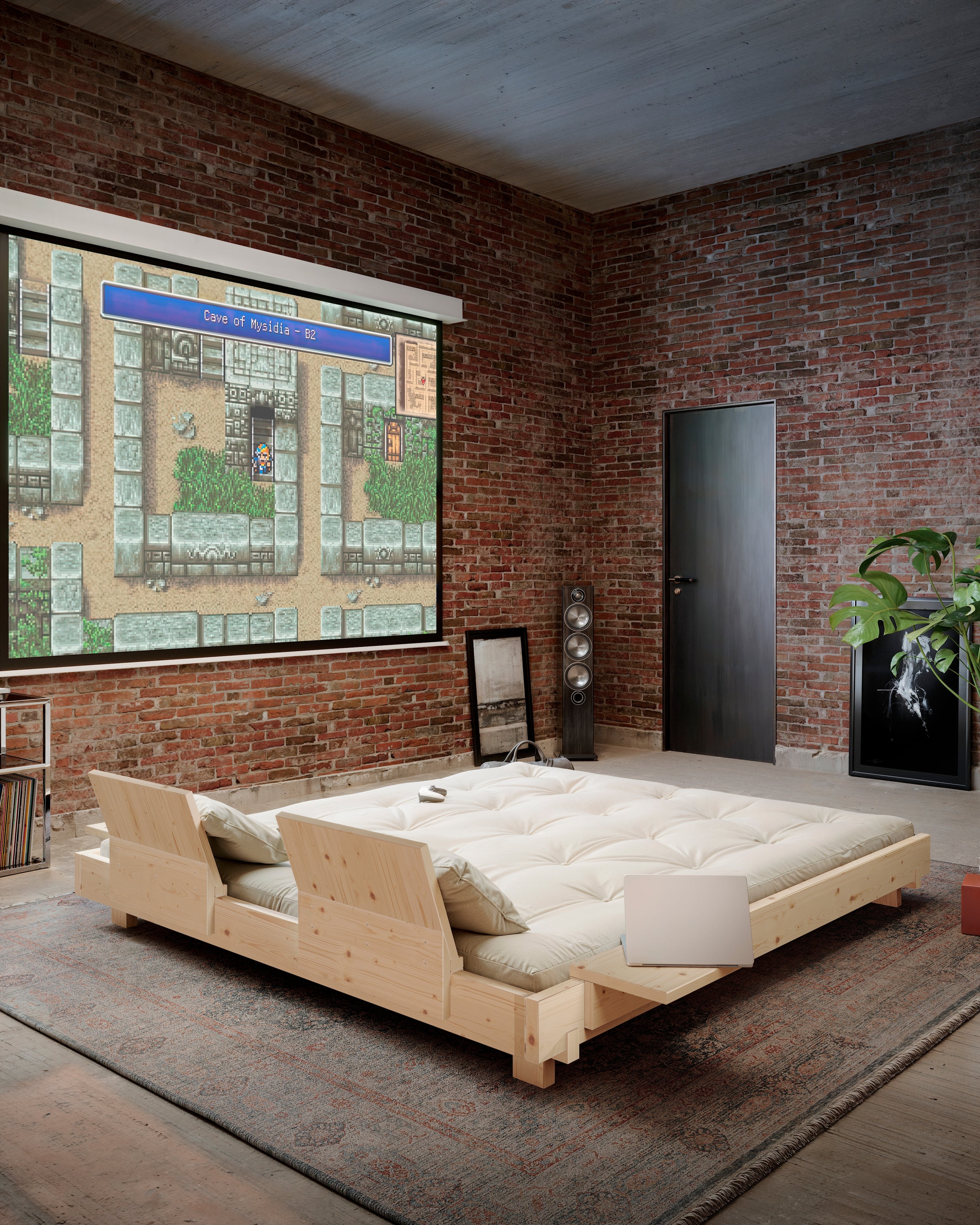 SOCIAL SOFA BED CLEAR LAC 140 X 200 W. 2 PCS BACK RESTS AND 2 PCS SIDE TABLES W. FRESH MATTRESS BEIGE