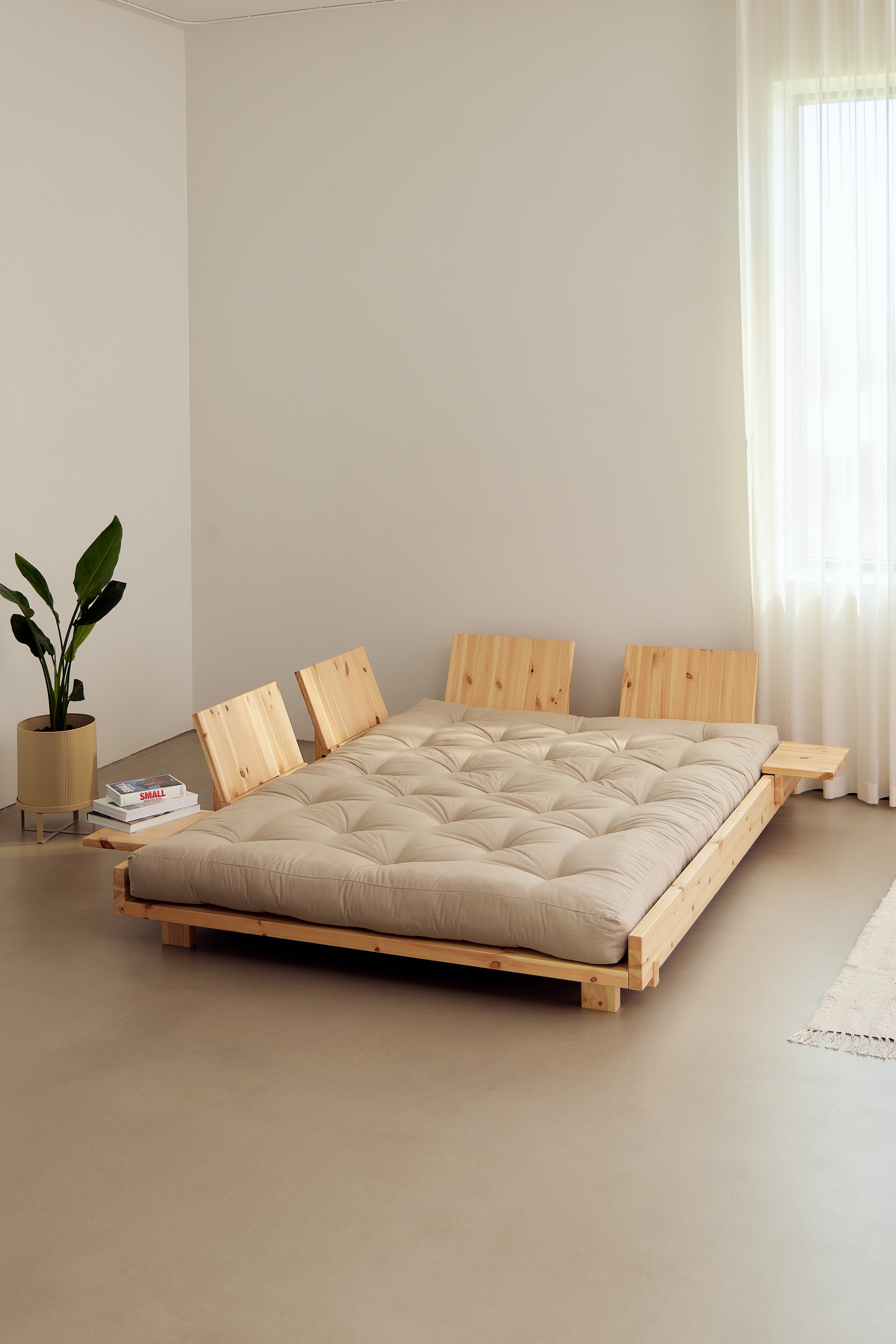 SOCIAL SOFA BED CLEAR LAC 140 X 200 W. 2 PCS BACK RESTS AND 2 PCS SIDE TABLES W. FRESH MATTRESS MOCCA
