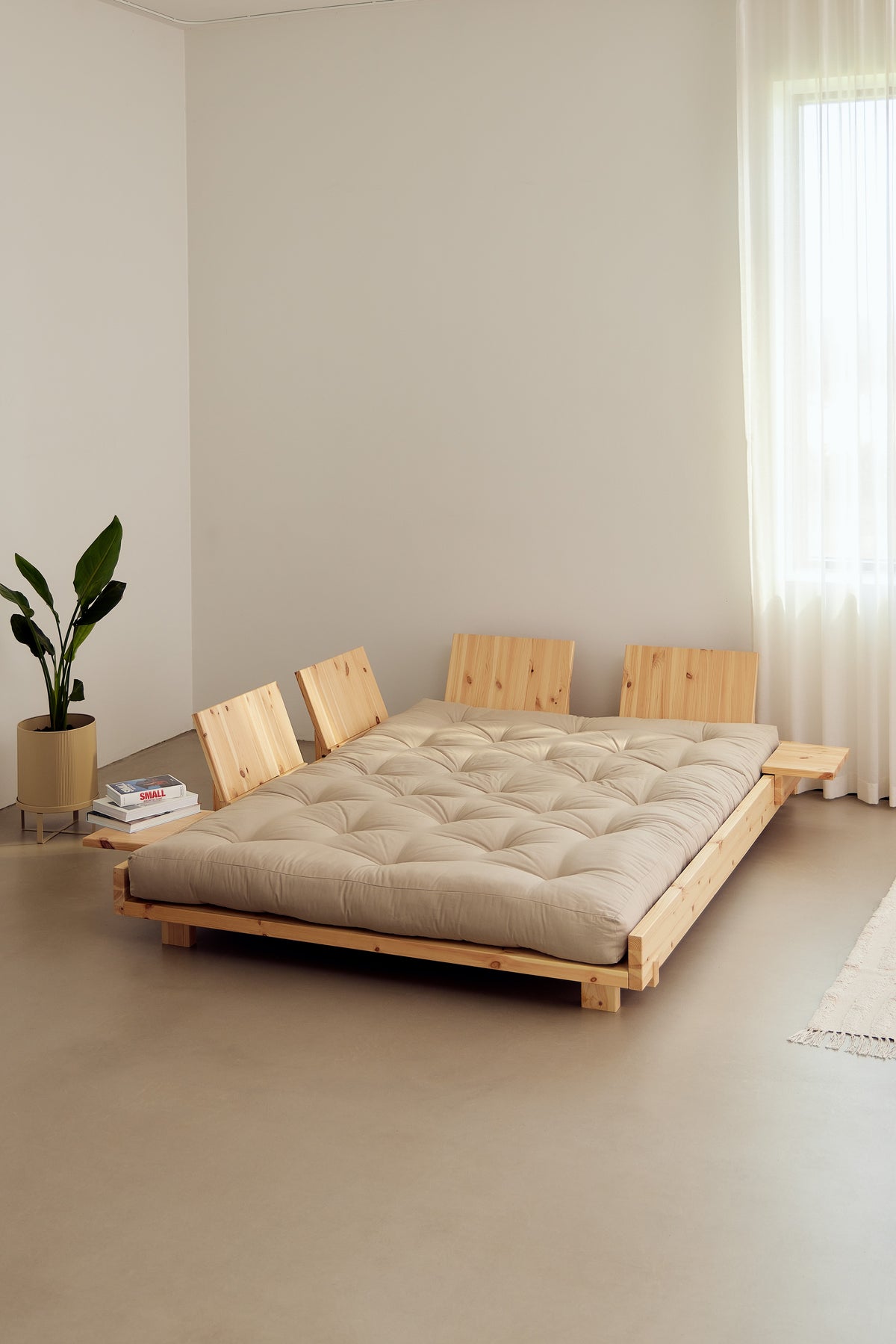 SOCIAL SOFA BED CLEAR LAC 140 X 200 W. 4 PCS BACK RESTS AND 2 PCS SIDE TABLES W. FRESH MATTRESS MOCCA