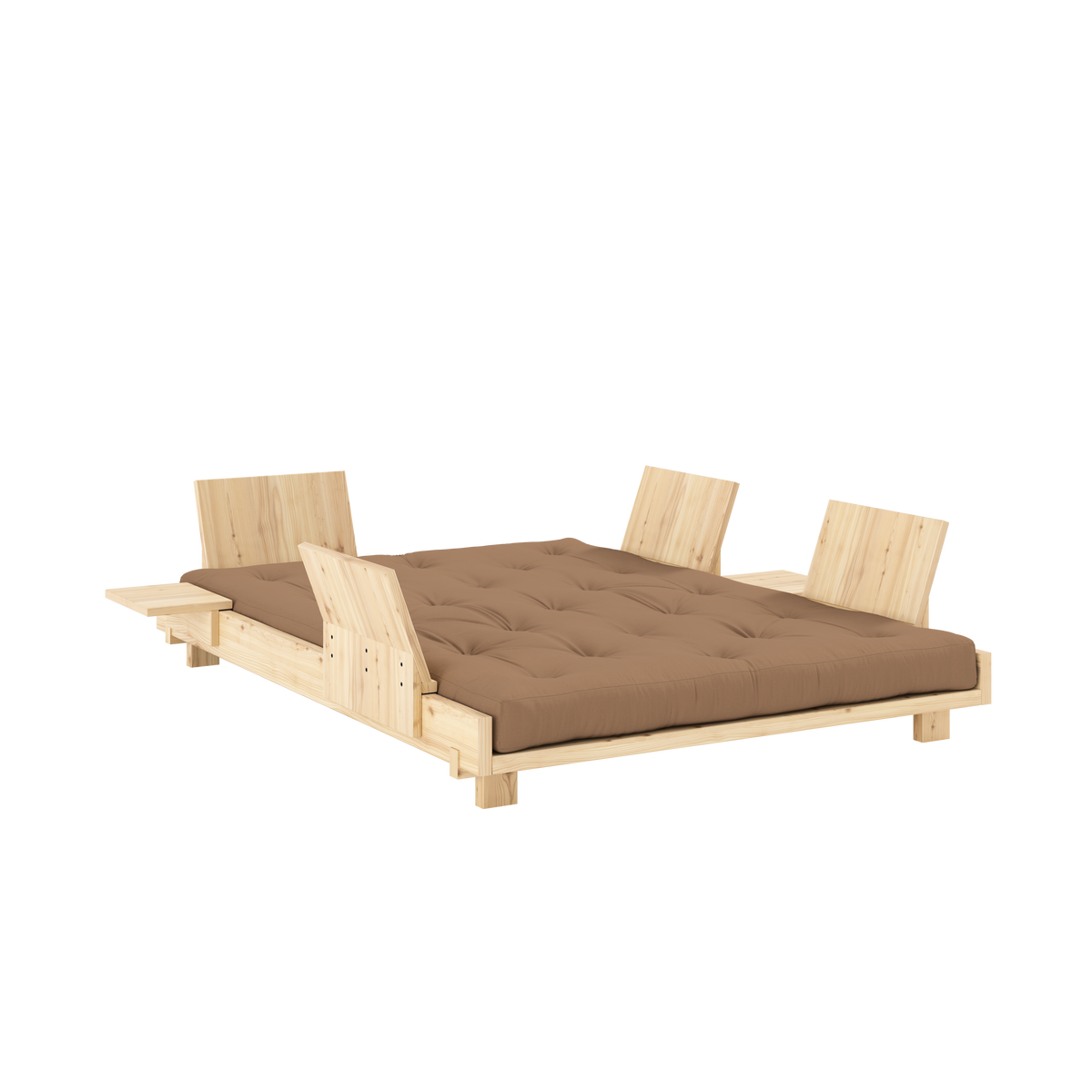 SOCIAL SOFA BED CLEAR LAC 140 X 200 W. 4 PCS BACK RESTS AND 2 PCS SIDE TABLES W. FRESH MATTRESS MOCCA